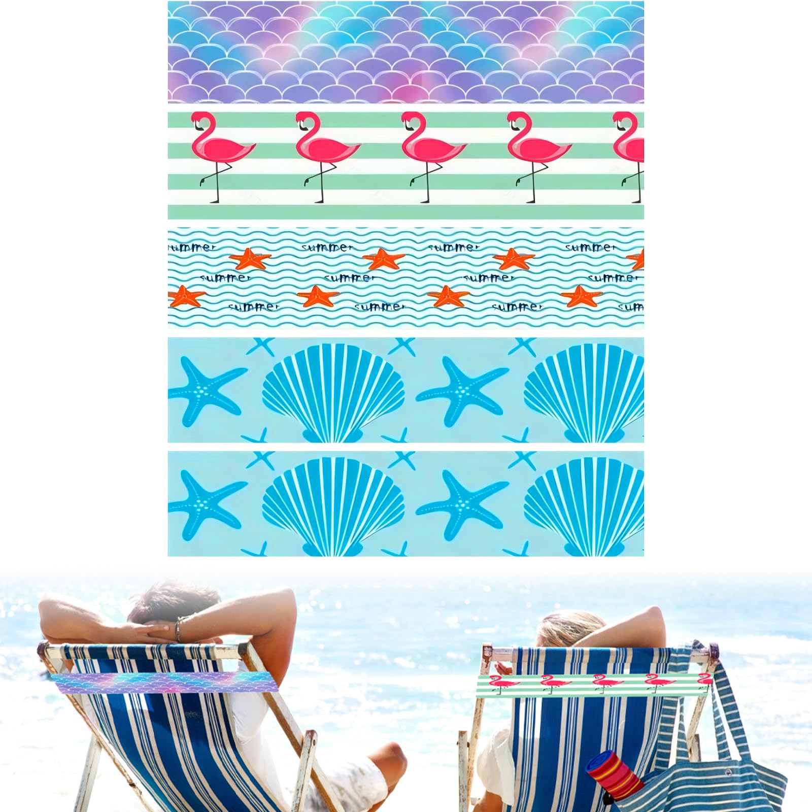 5 Pack Towel Bands for Sun Loungers Elastic Beach Towel Bands for Sun Loungers Cruise Ship Essentials Windproof Sunbed Clips for Pool Chairs Outdoor Trave Beach Resort (40x5cm) (Set 2)