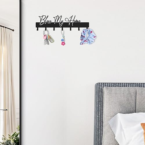 Miniatura 4 de Exquisito soporte de pared con frase de moda, Bless My Home Key Kooks para decoración de pared, colgador de llaves de metal negro con 7 kooks para
