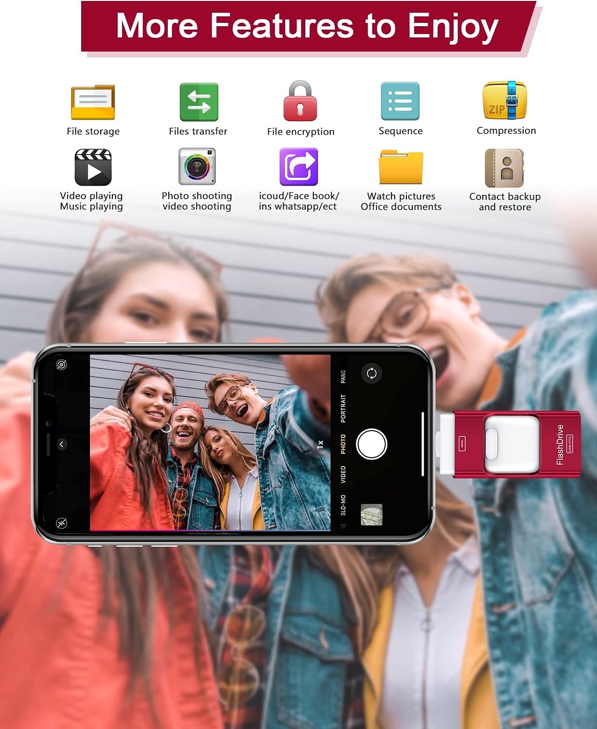 Sunany Flash Drive 128GB, USB Memory Stick External Storage Thumb Drive for Phone, Pad, Android, PC and More Devices (Red)