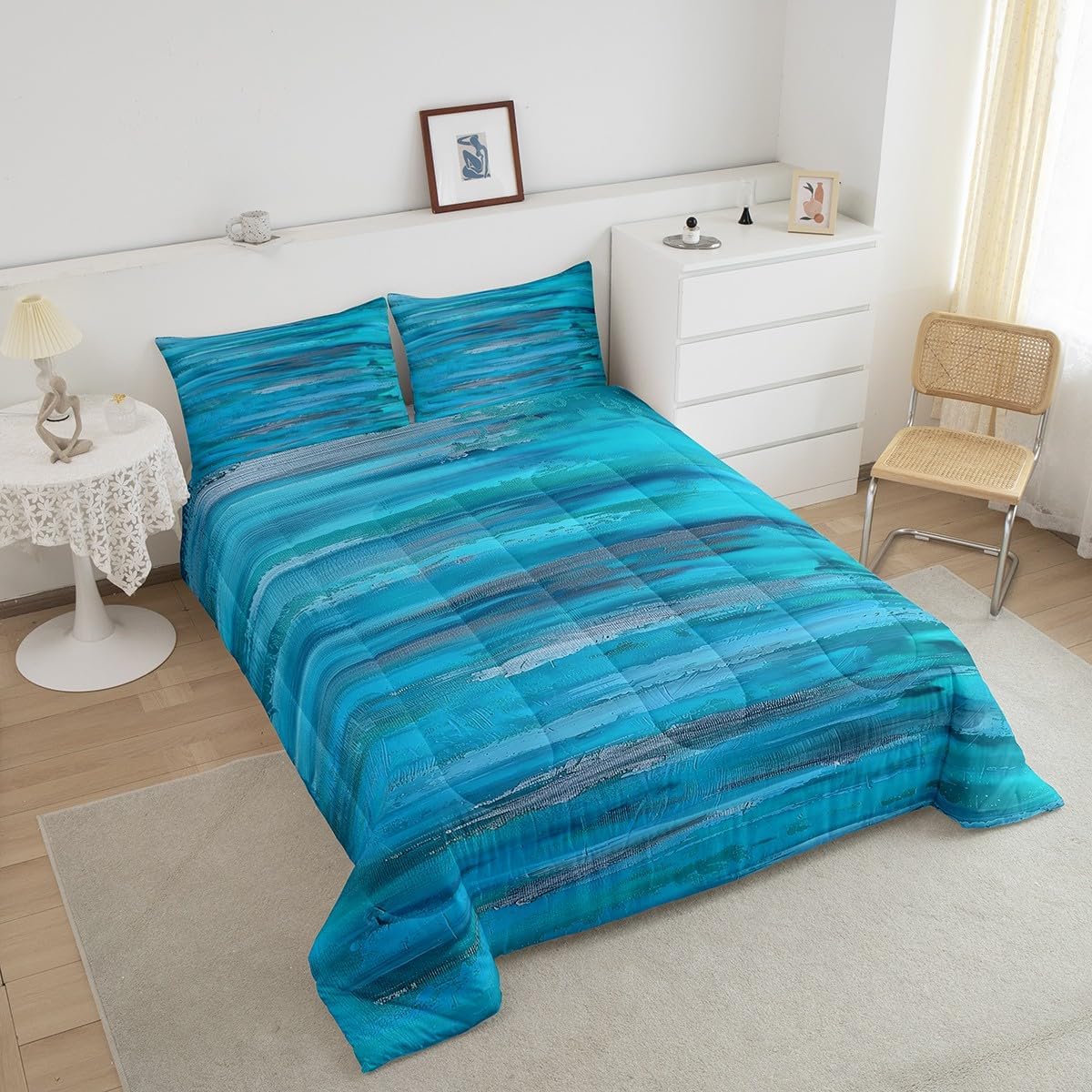 Erosebridal Blue Abstract Comforter Twin Navy Ombre Bedding, Gradient Grunge Duvet Insert Watercolor Tie Dye Quilt Set, Fluid Ink Geometric Quilted Duvet Hippie Artwork Bedroom Decor 2pcs Lightweight