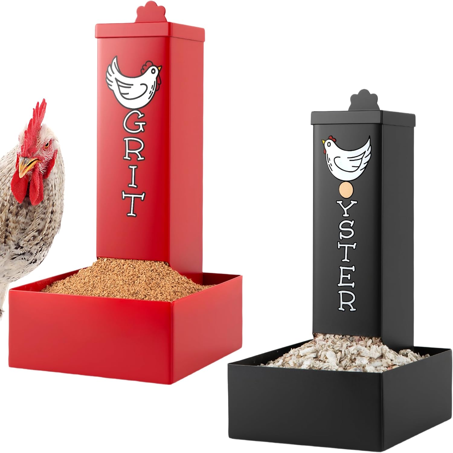 Chicken Grit and Oyster Shell Feeder Combo, Metal Hanging Gravity Poultry Feeders with Drain Holes, 4.5lb Capacity, Coop Accessories Supplies for Chickens, Ducks, Geese