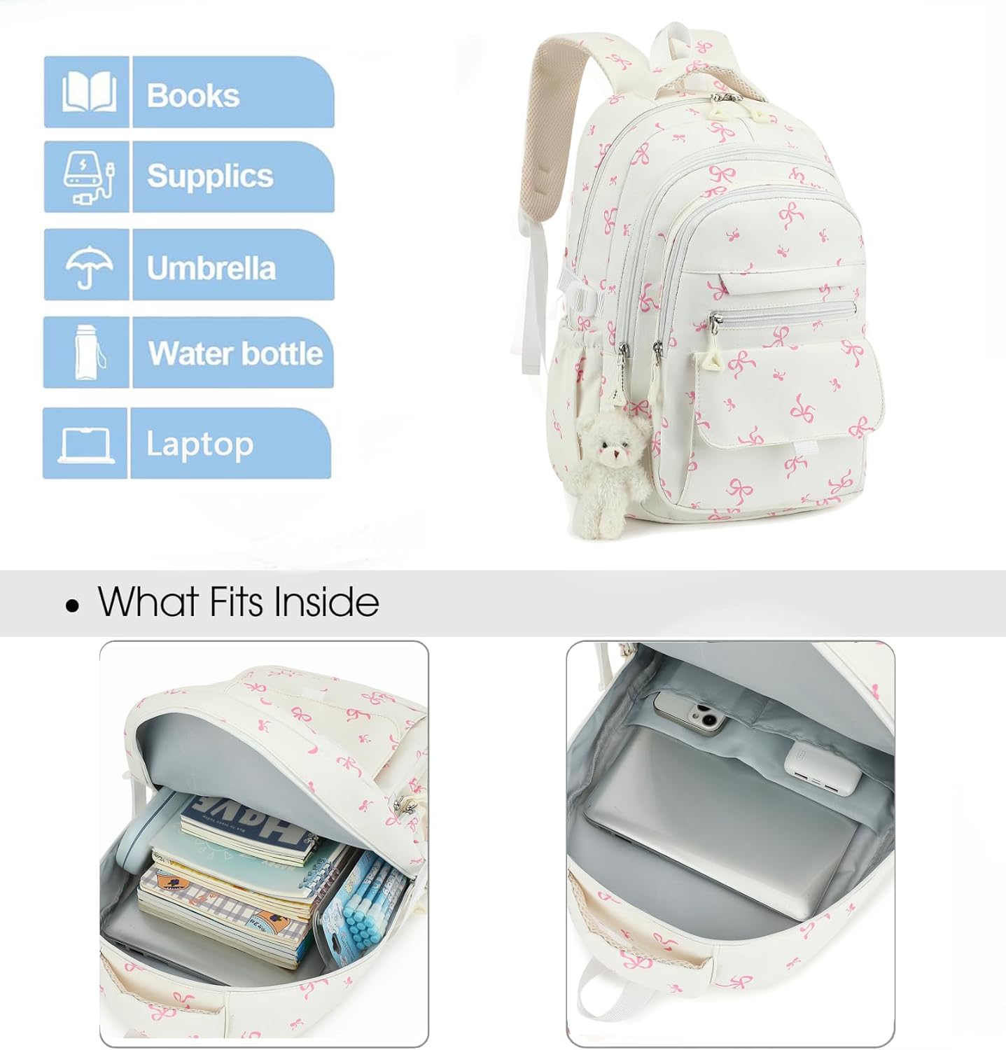 PRLINJSK Girls Backpack for College High Middle School Student, Cute Aesthetic Bookbag for Teens Women with Accessories, Beige Bow