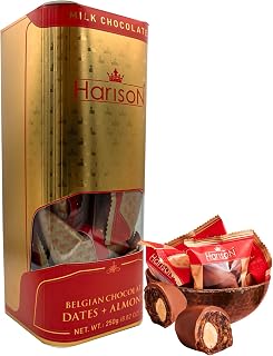 HARISON Premium Milk Chocolate Dates with Almond 8.82 oz (250g) – Grade 1 Premium Khudri Dates Stuffed with USA Almonds & Double-Coated in Rich Belgian Milk Chocolate – Made in Dubai