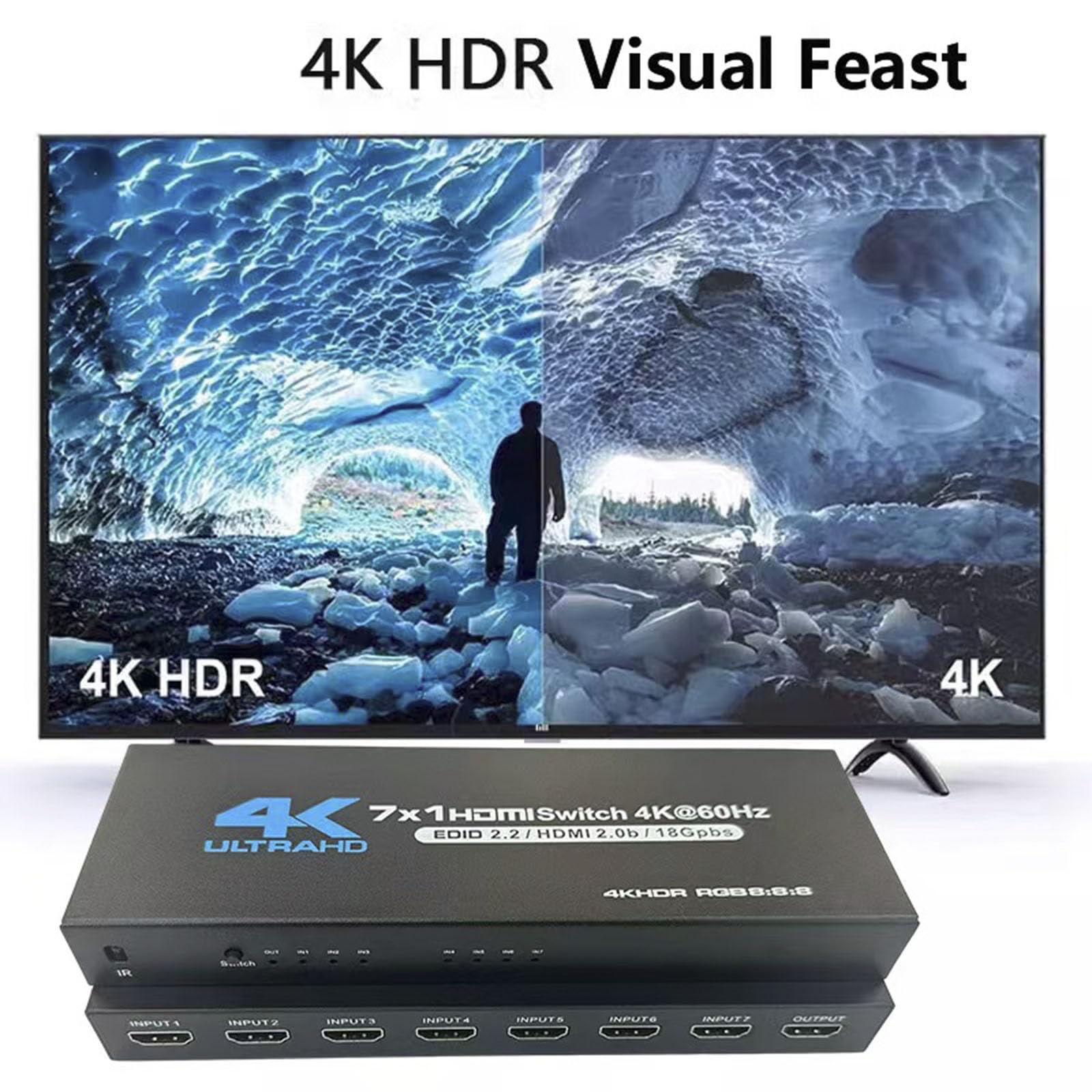 Conmutador HDMI 7 × 1 4K @60Hz 7 canales HDMI sin costuras 7 en 1 salida 【Con 1 mando a distancia IR + 1 cable de alimentación】Compatible con tecla de panel de conmutación automática HDMI2.0
