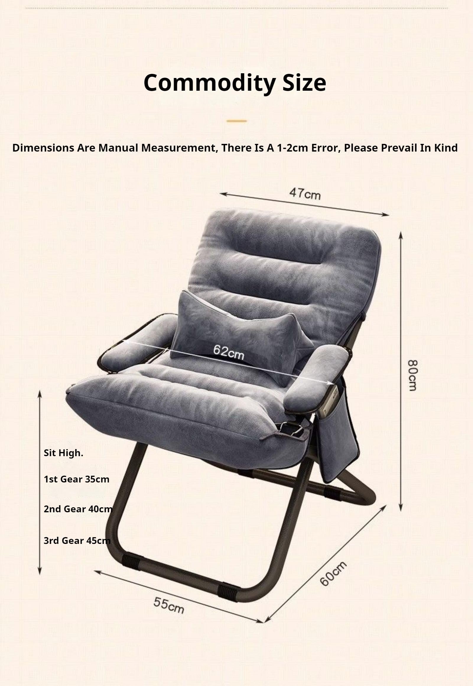 Sillón plegable con altura de asiento ajustable y grandes bolsillos de almacenamiento, silla moderna para sala de estar, cómoda silla de salón para dormitorio, oficina, balcón (rojo, paquete 3