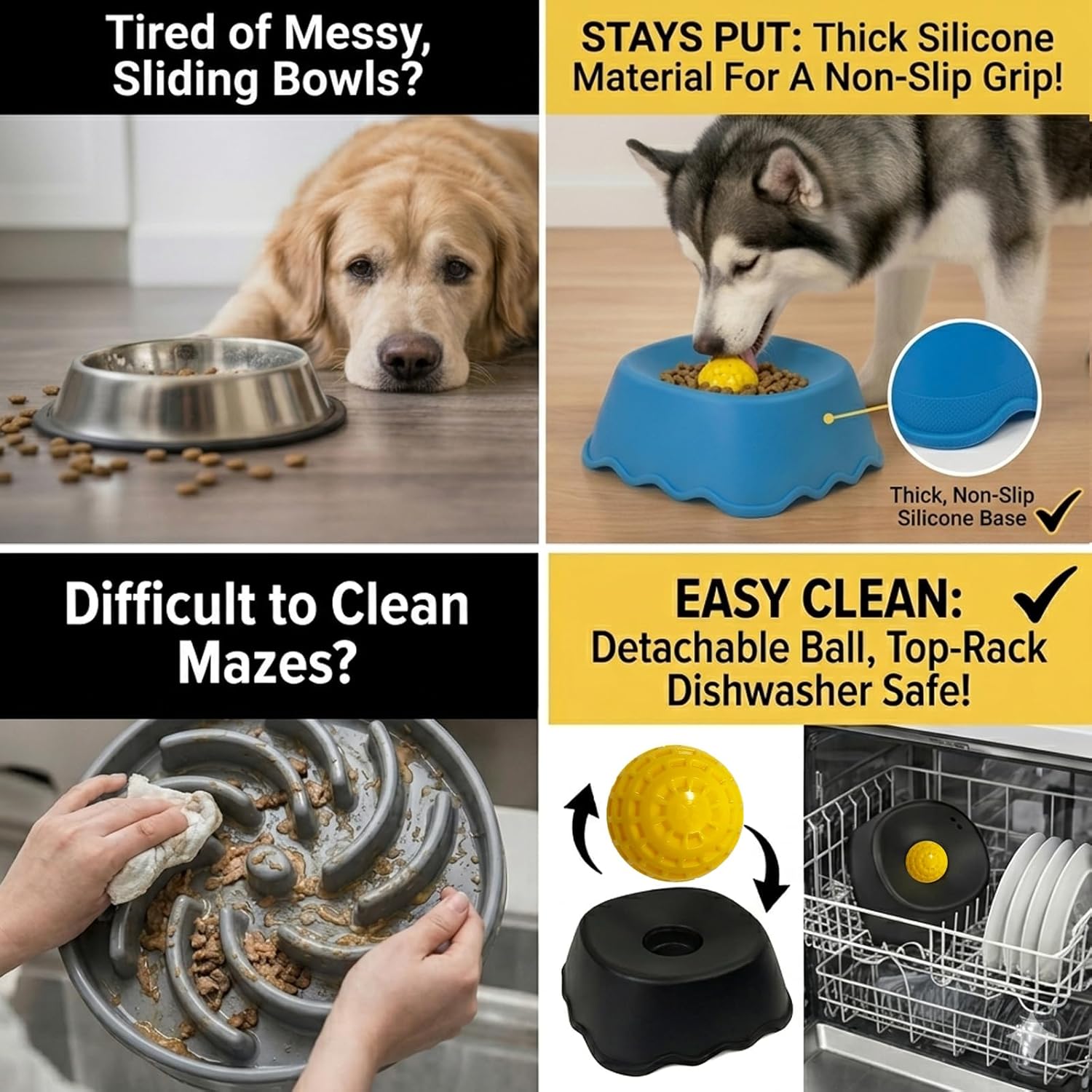 Slow Feeder Dog Bowls for Liquid Treats with Rolling Ball, Silicone Interactive Dog Lick Bowl for Bone Broth & Wet Food, Anti-Slip Lick Toy for Anxiety Relief & Post-Op Nutrition (2, Blue+Black)
