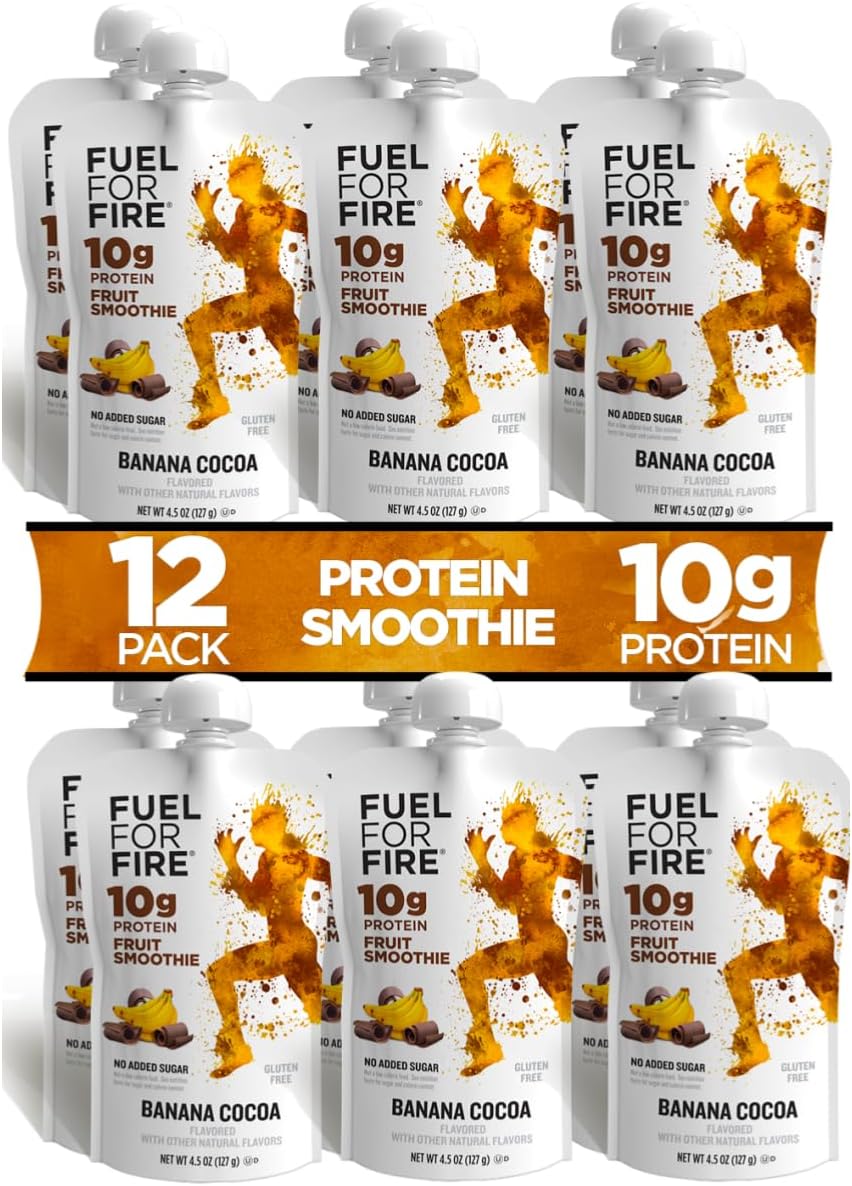 Fuel for Fire Protein Smoothie Pouch - Banana Cocoa (12-Pack) | Healthy Snack & Recovery | No Sugar Added, Dietitian Approved | Functional Fruit Smoothies | Gluten Free, Kosher (4.5oz pouches)