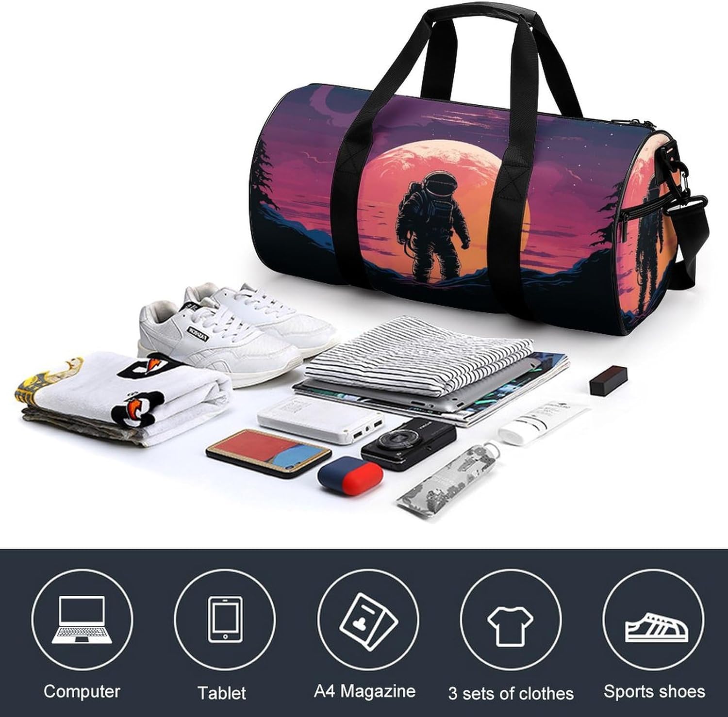 Aesthetic Sports Bag for Women Cool Astronaut Printed Duffle Travel Bag for Men Women Mini Workout Bags Cylindrical Gym Bag