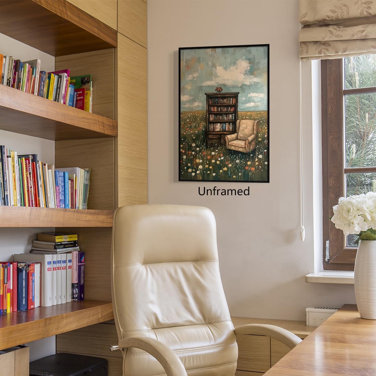 YOZWNGU Book Canvas Wall Art, Bookshelf and Sofa In Floral Field Poster, Impressionist Flower Landscape Painting Library Reading Nook Decor, Rustic French Country Bookish Print Gifts 24x36in Unframed