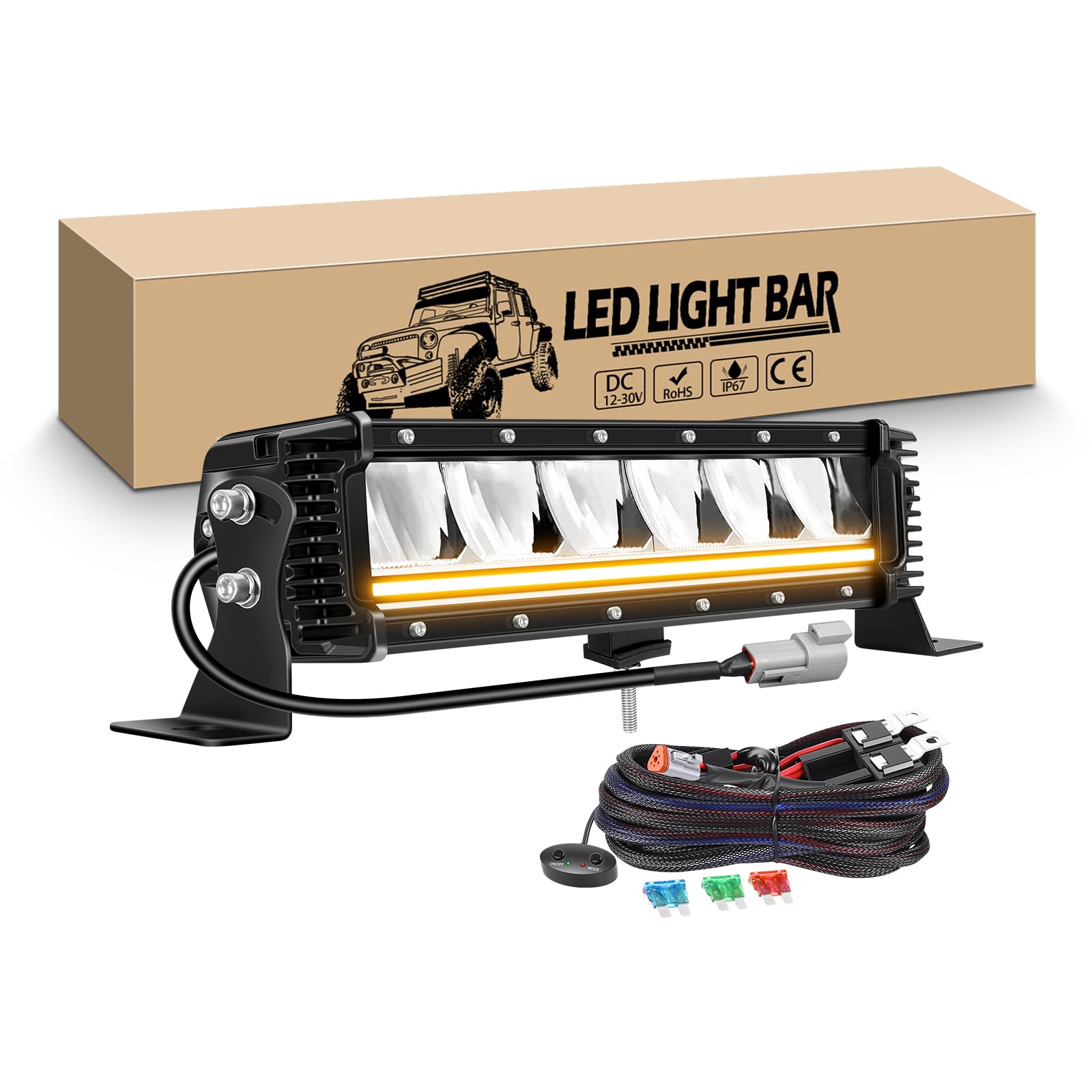 RIGIDON Led rampa z zestawem wiązki 12v, Amber DRL, listwa świetlna led do 4x4 Offroad Pojazdów Samochodów Ciężarówka Ciągnik Quad Łódź, 6000K światła przeciwmgielne