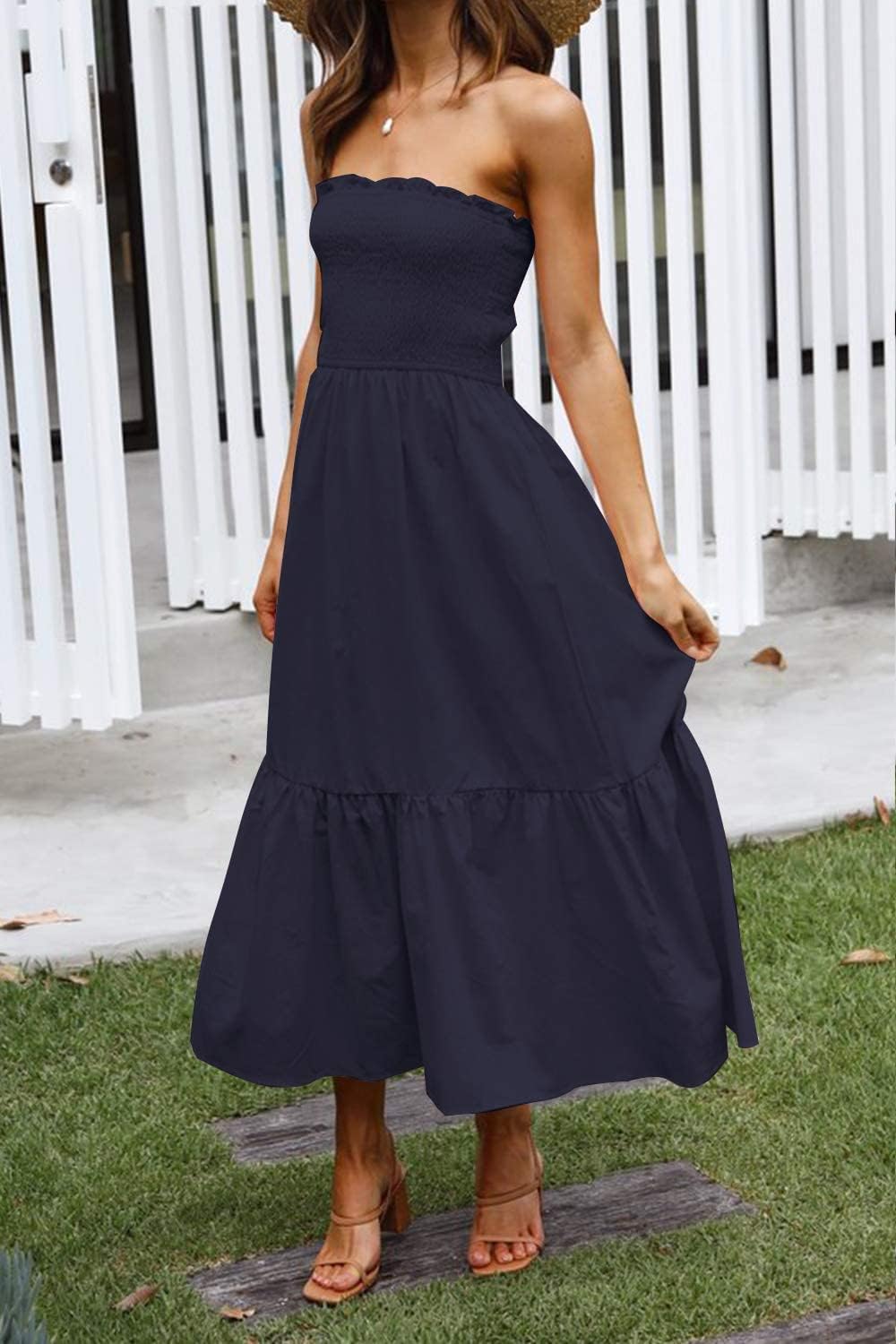 ZESICA Women's Summer Boho Strapless Maxi Dress 2026 Casual Off Shoulder Smocked Flowy A Line Beach Holiday Long Dresses - Image 5