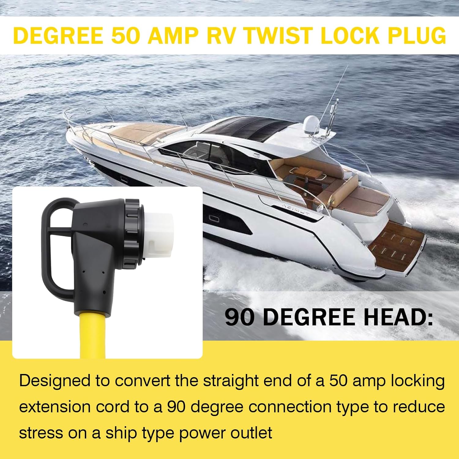 90 Degree 50 Amp RV Twist Lock Plug Yellow, for NEMA SS2-50P to SS2-50R RV Adapter, 1.5ft Heavy Duty Extension Cord Adapter with 50Amp Power Locking Male and 50 Amp 90 Degree Locking Female Ends