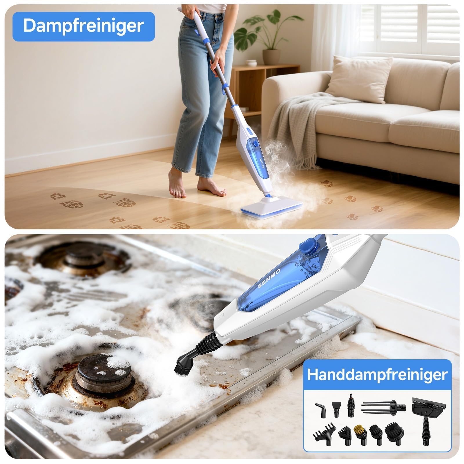 SENMO Dampfreiniger 14-in-1 mit abnehmbarem Handdampfreiniger | 1300W 228°F Tiefenreinigungs-Multidampfreiniger mit 14 Zubehör, für Böden, Parkett, Fliesen, Fugen, Teppich, Küche & Bad