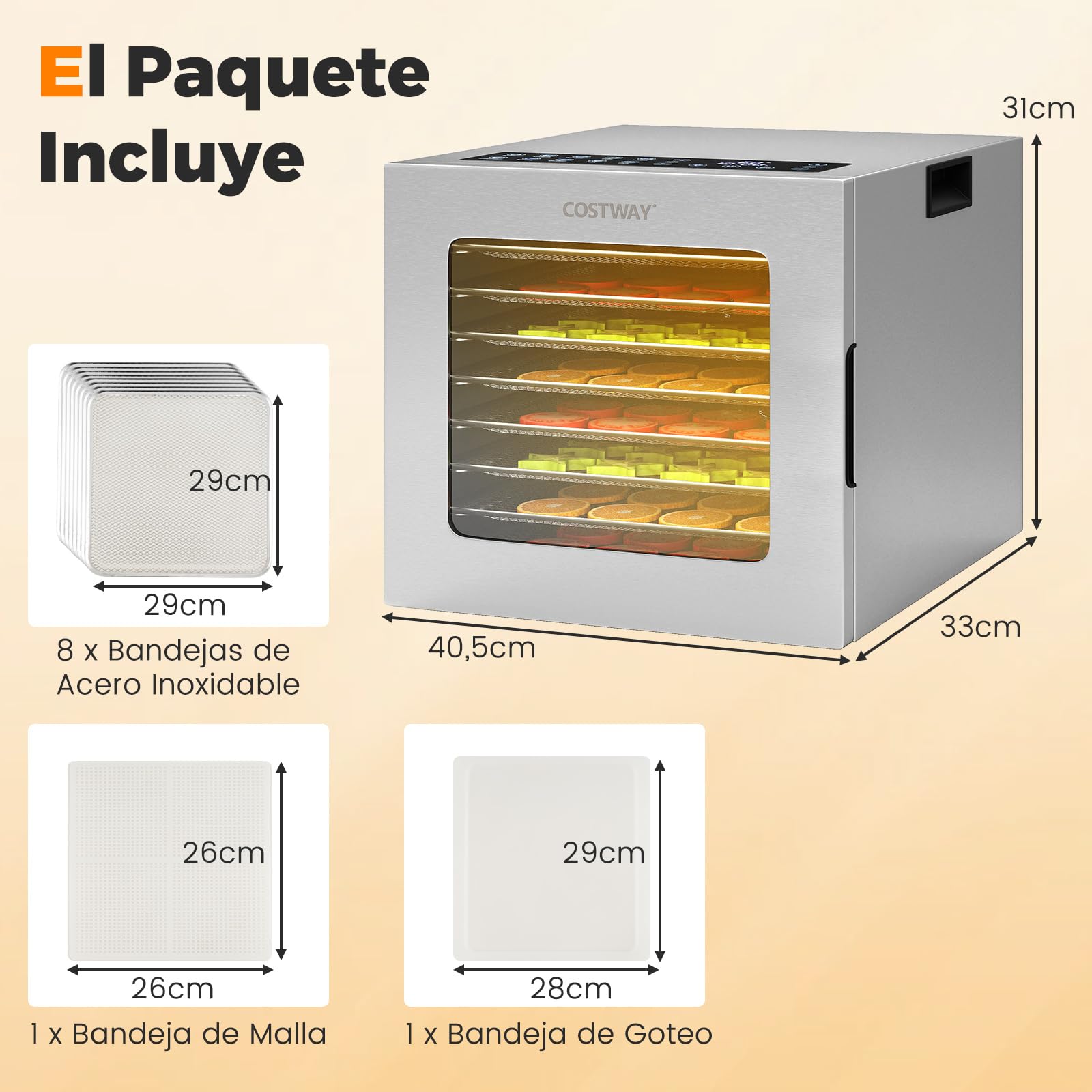 COSTWAY Deshidratador de Alimentos, 8 Bandejas de Acero Inoxidable, Liofilizadora de 850W, Temporizador de 48H, Temperatura de 35℃ a 75℃, Dehydrator