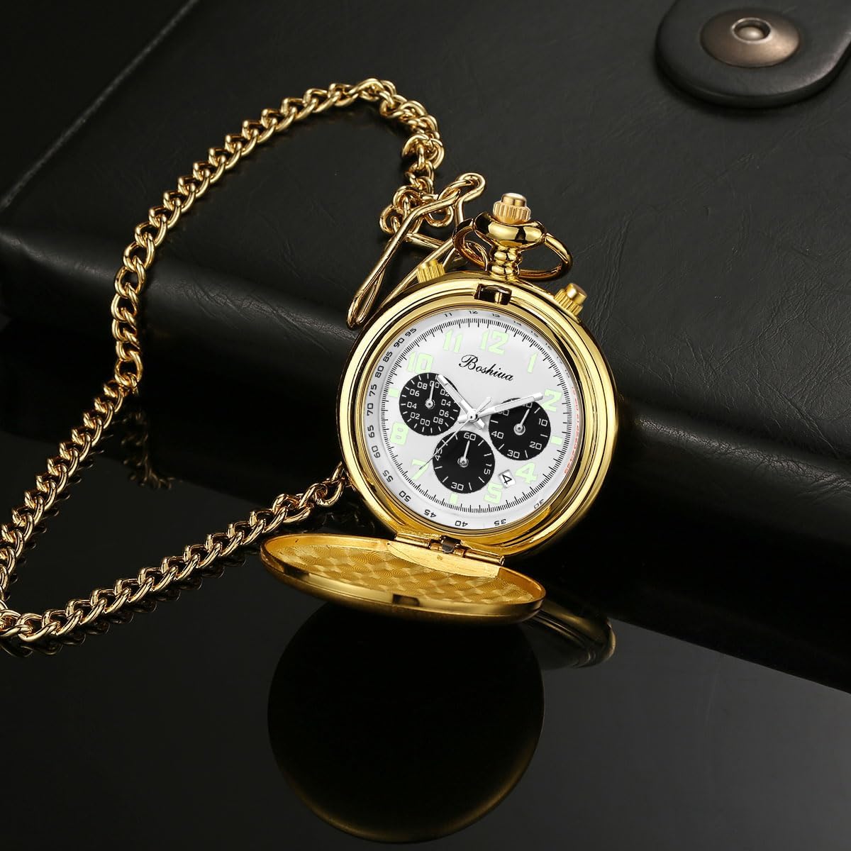 BOSHIYA 多機能ストップウォッチ カレンダー シルバー ゴールド ブラック 懐中時計 ブレスレット付き, 5つのムーブメント-