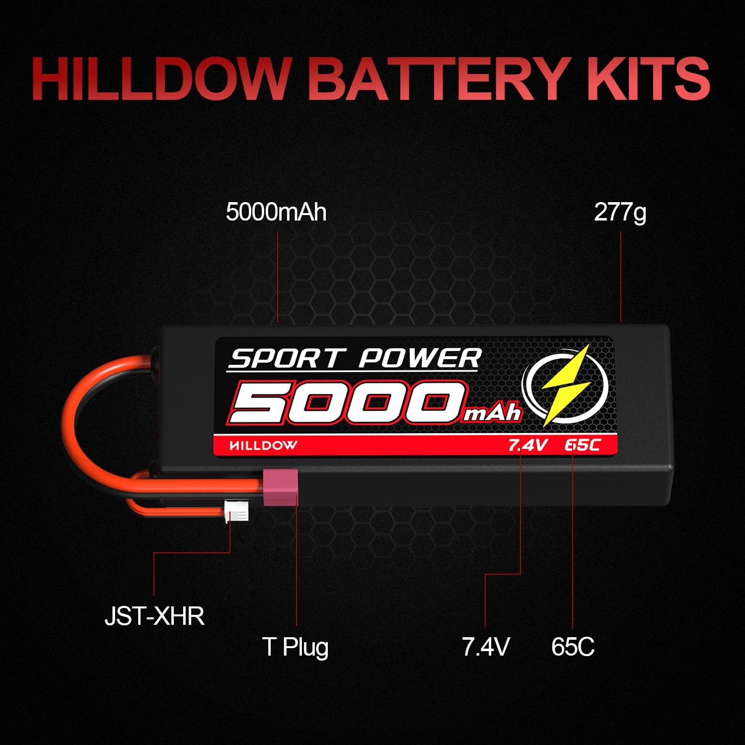 Hilldow Batería Lipo RC de 7.4V 2S 65C 5000Ah Lipos Hard Case Baterías
