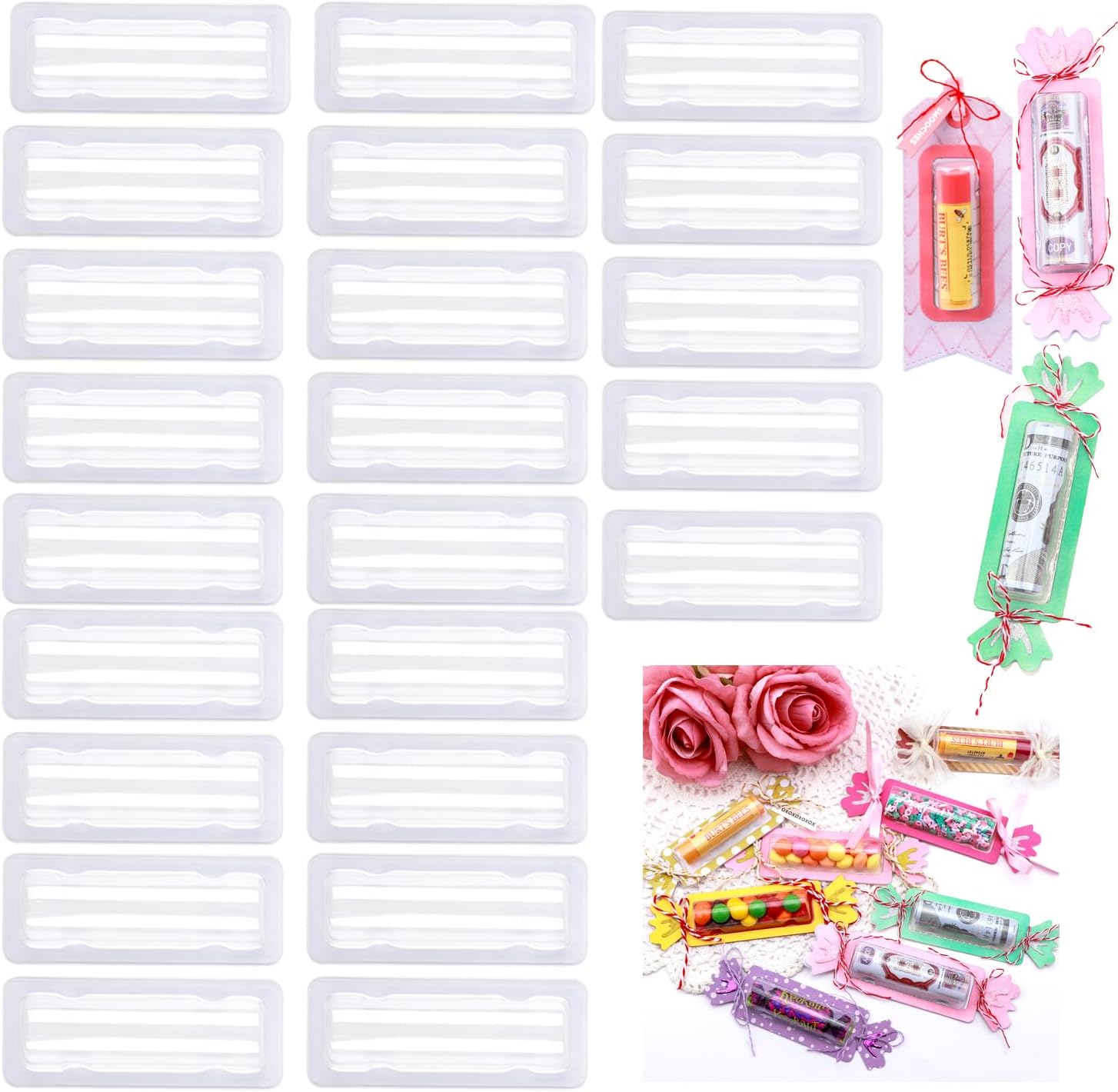 BAOFALI 40PCS Small 3.4x1.4inch Plastic Clear Rectangle Domes; Self-Adhesive for DIY Lip Balm Pouches Money Holder Candies Craft Gift Cards Shaker Card Making Scrapbooking Tool