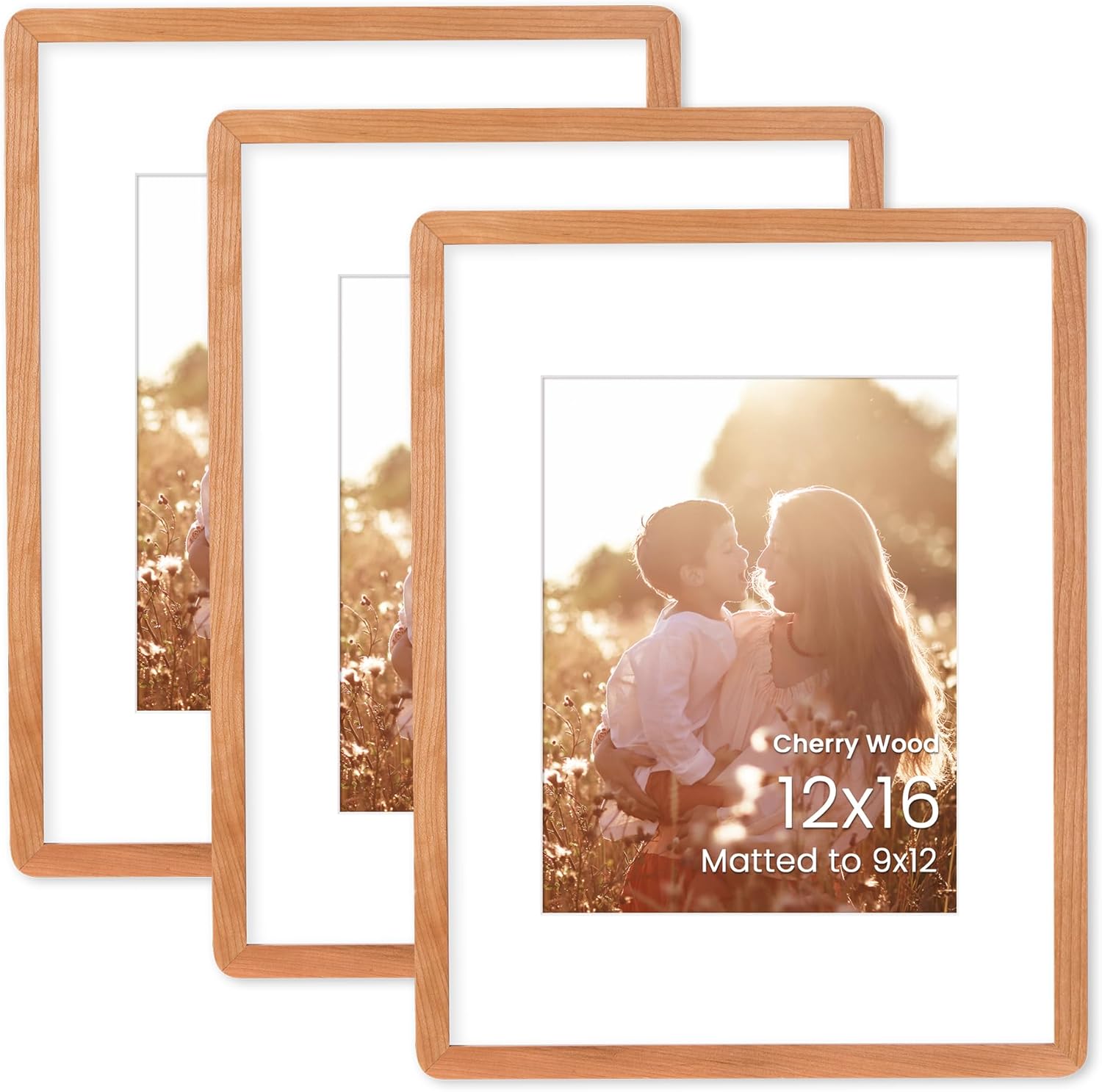 12x16 Wood Picture Frame, Natural Solid Cherry Wood 12 x 16 Frame, with Mat for 8.5x11, 12 by 16 with HD Tempered Glass, Wall or Tabletop Display, 3 Pack Cherry 12X16-3P