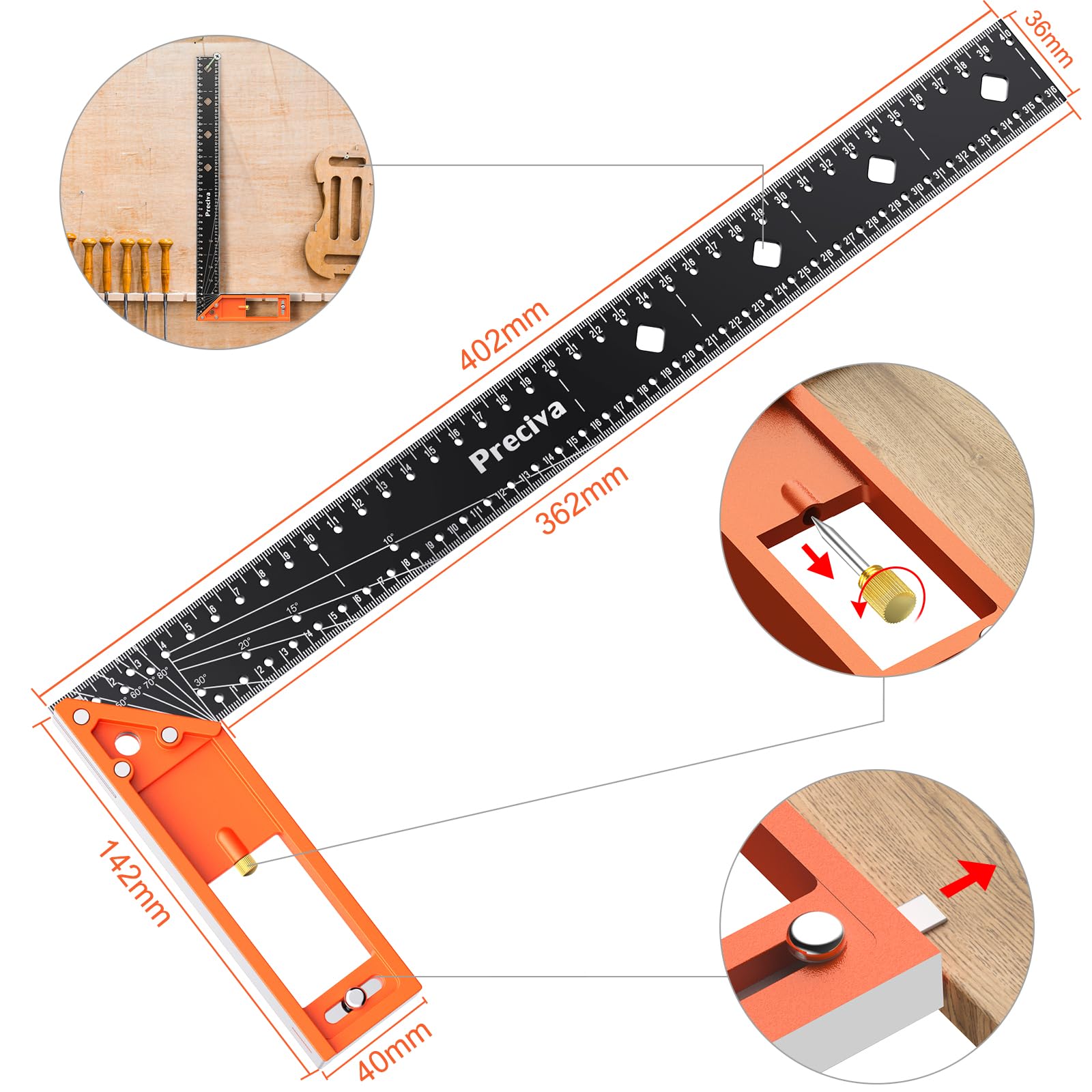 Preciva Équerre Menuisier 400 Mm, Equerre Combinée Menuisier, Equerre De Menuisier Aluminium Equerre De Menuisier 10/90 Degree Markable Scribing Regle Équerre Pour Tracé, Mesure, Marquage