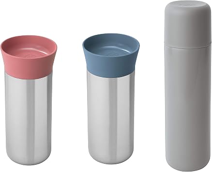 Berghoff LEO 3Pc 18/10 Stainless Steel Thermal Flask, Insulated Drinking Cup, Silicone Ring, Smart Push-in Lid, Leakproof