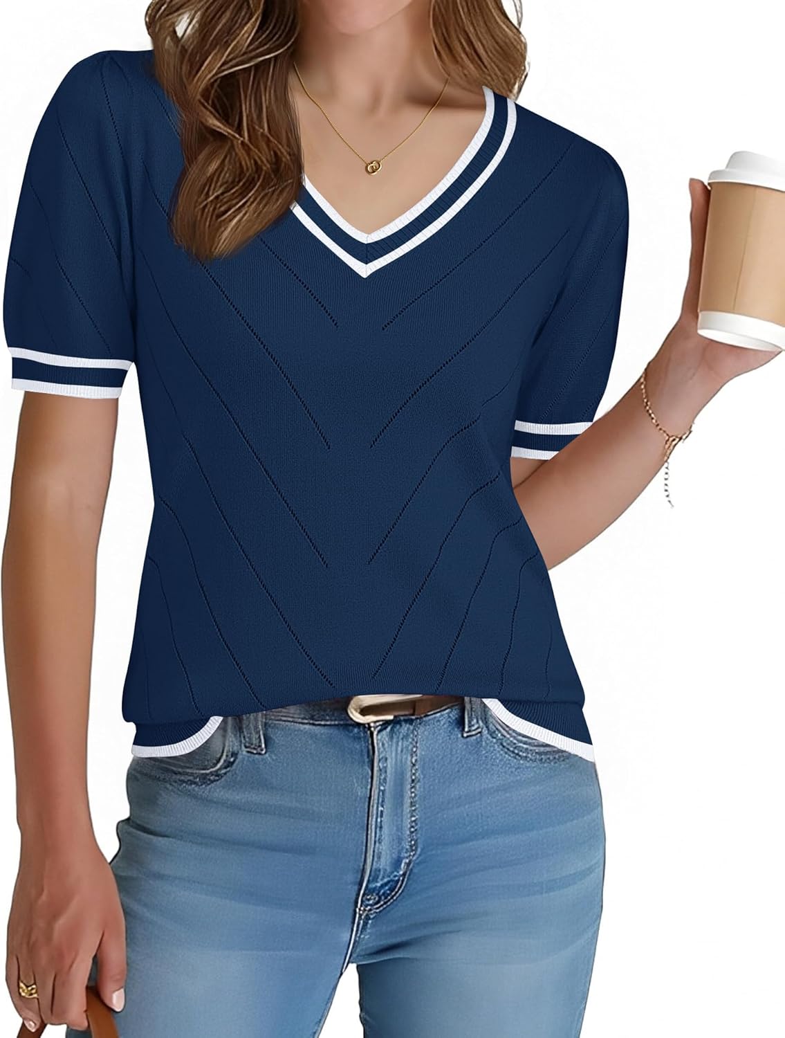 LOMON Womens Sweaters Puff Short Sleeve Lightweight Knit Summer Fall Tops Dressy V-Neck Work Blouses Business Casual Outfits - Image 2