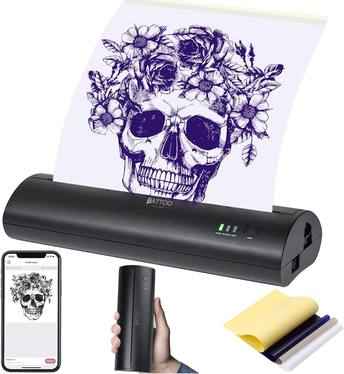 Atelics Cordless Tattoo Transfer Stencil Printer, with 10Pcs Transfer Paper, Portable Tattoo Transfer Thermal Copier Machine for Temporary and Permanent, Compatible for iOS ＆ Android Phone