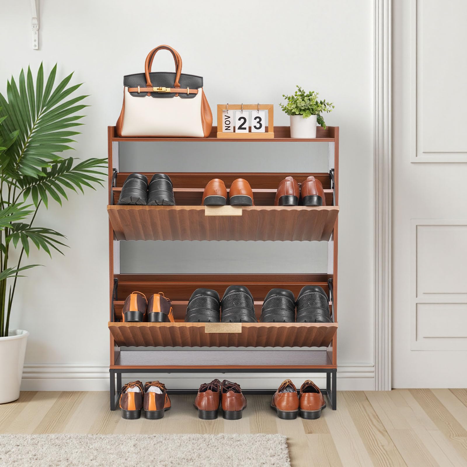 VEVOR Meuble à Chaussures avec 2 tiroirs rabattables, Armoire de Rangement cannelé à Chaussures de Style Milieu de siècle avec Dispositif Anti-basculement, pour entrée, Couloir, Chambre, Salon, Noyer