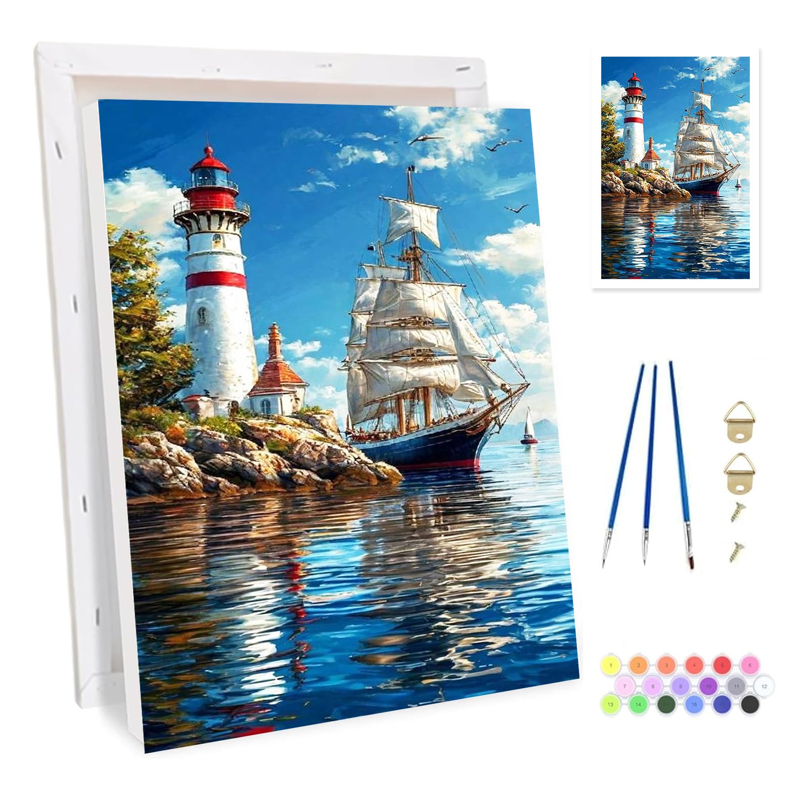 Bowetile Framed Lighthouse Paint by Numbers for Adults, Seascape Painting by Numbers Kit for Adults Beginners Canvas Kit, DIY Color Oil Painting Acrylic Paints for Home Wall Decor 20x30cm