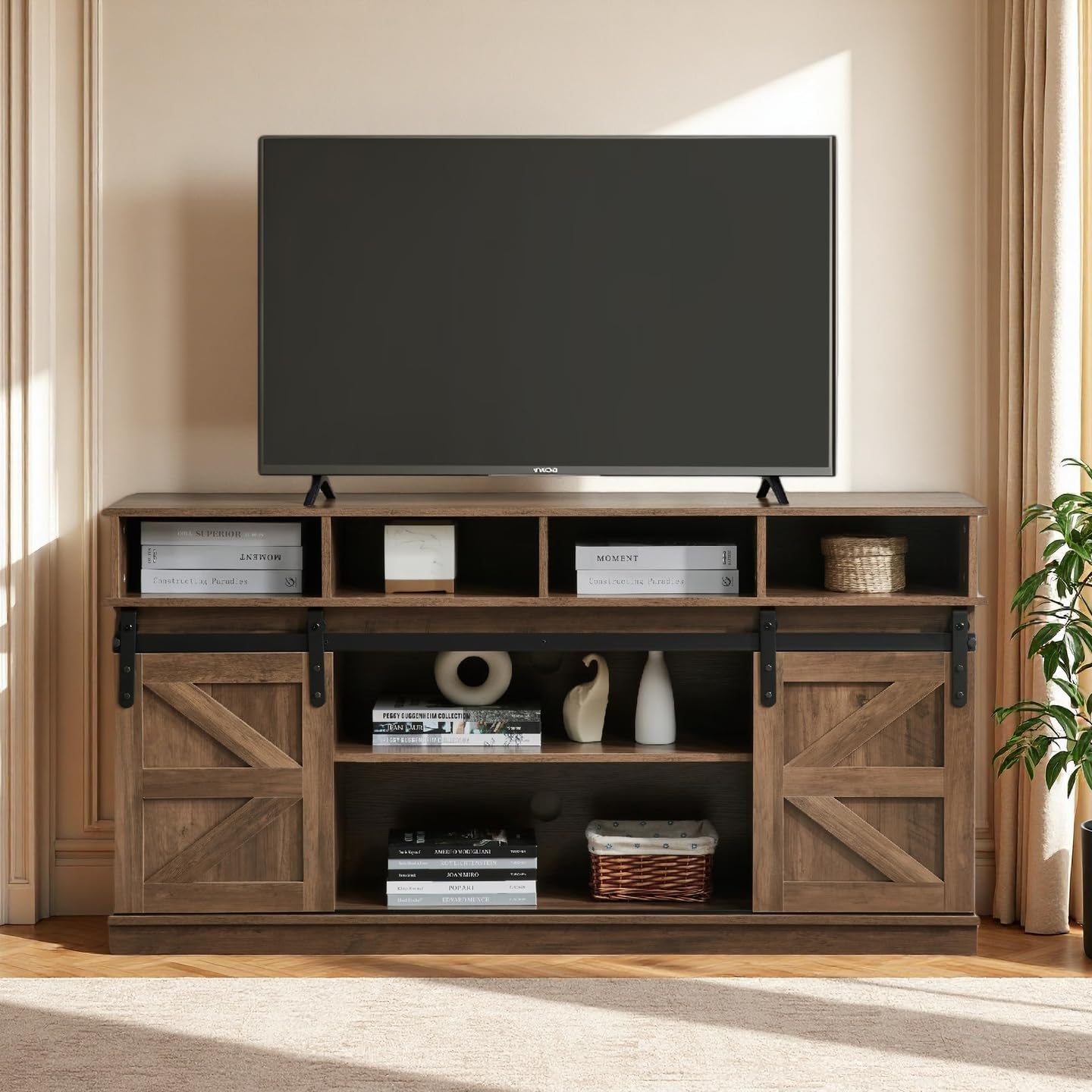 Farmhouse TV Stand for up to 65" TV, Entertainment Center with Storage Cabinets & Sliding Barn Doors, Rustic TV Stand Mid Century Modern for Living Room Bedroom Office Furniture, Brown