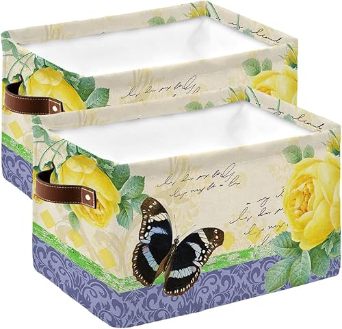 Yellow Flower Storage Basket for Organizing Shelves, Collapsible Storage Bins Boxes with Handle, Purple Retro Botanical Butterfly Modern Abstract
