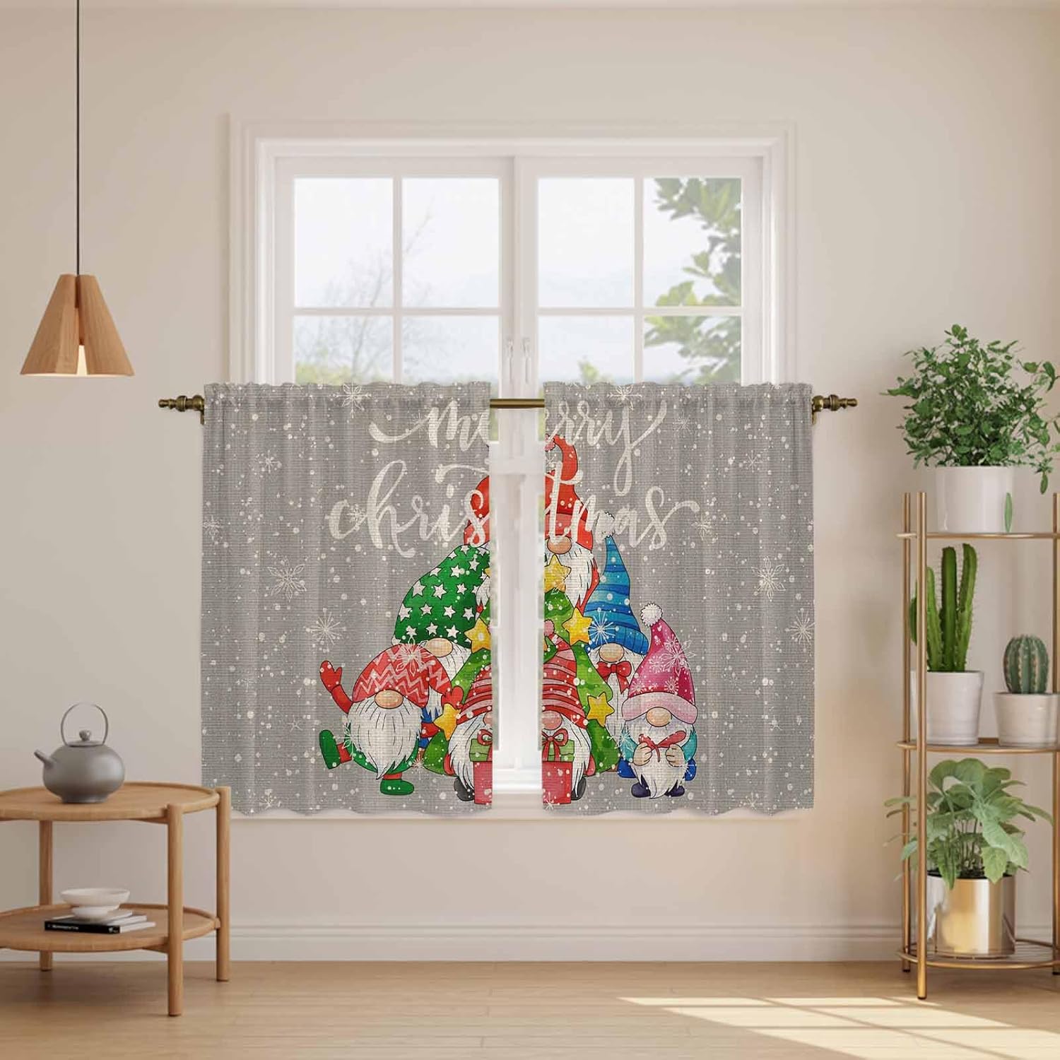 Christmas Grey Kitchen Tier Curtains 45 Inch Long 2 Panel Set,Rod Pocket Short Window Treatment,Vintage Gnomes Snowflakes Pine Tree Curtains & Drapes for Bathroom Basement 27.5"W x 45"L