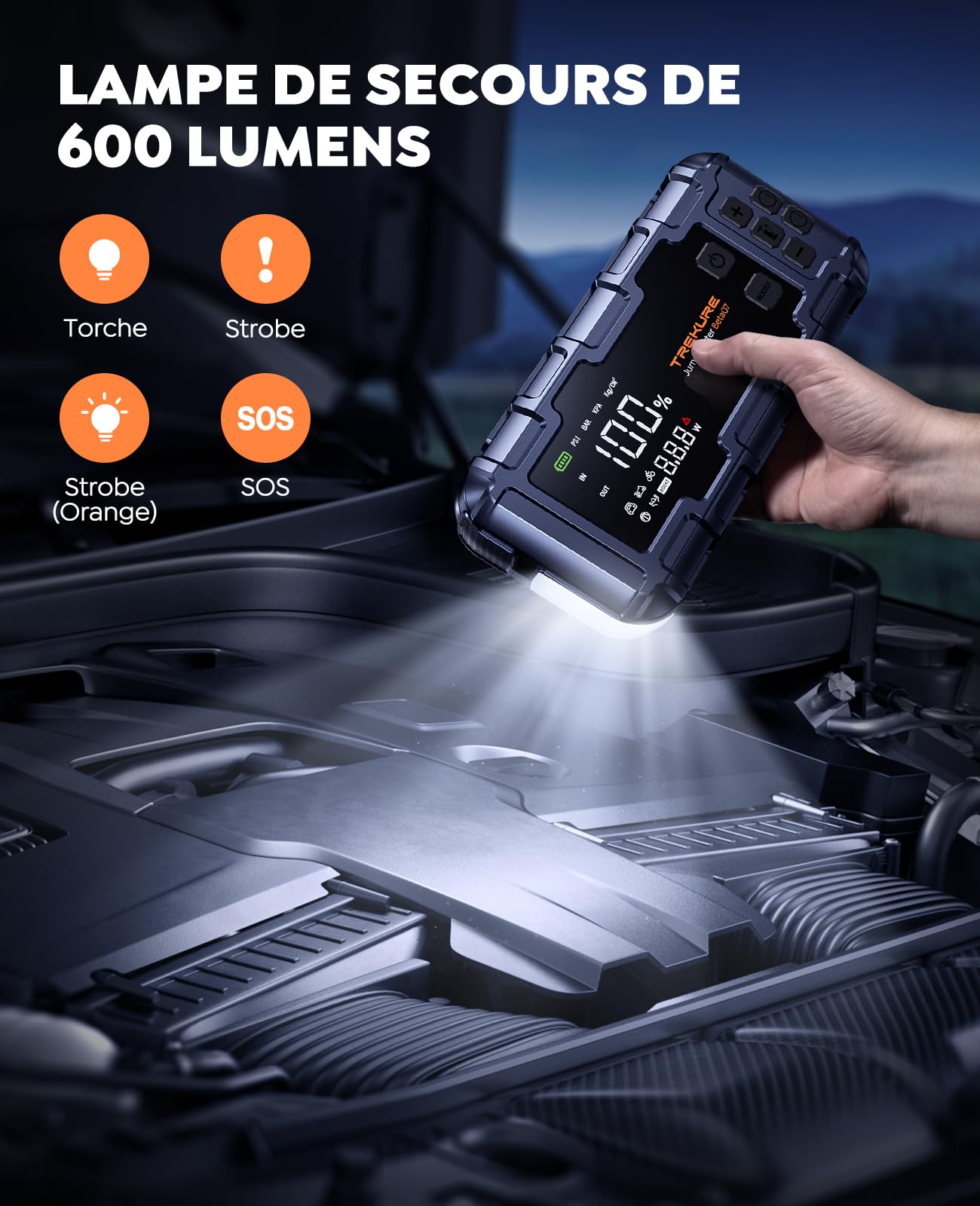 TREKURE 10-in-1 7000A Booster Batterie Voiture avec Gonfleur 160PSI, 26800mAh Démarreur Batterie avec 45W Charge Rapide, 600LM LED, Grand Écran, 12V Booster Voiture Puissant(Tous Gaz ou 12L Diesel)