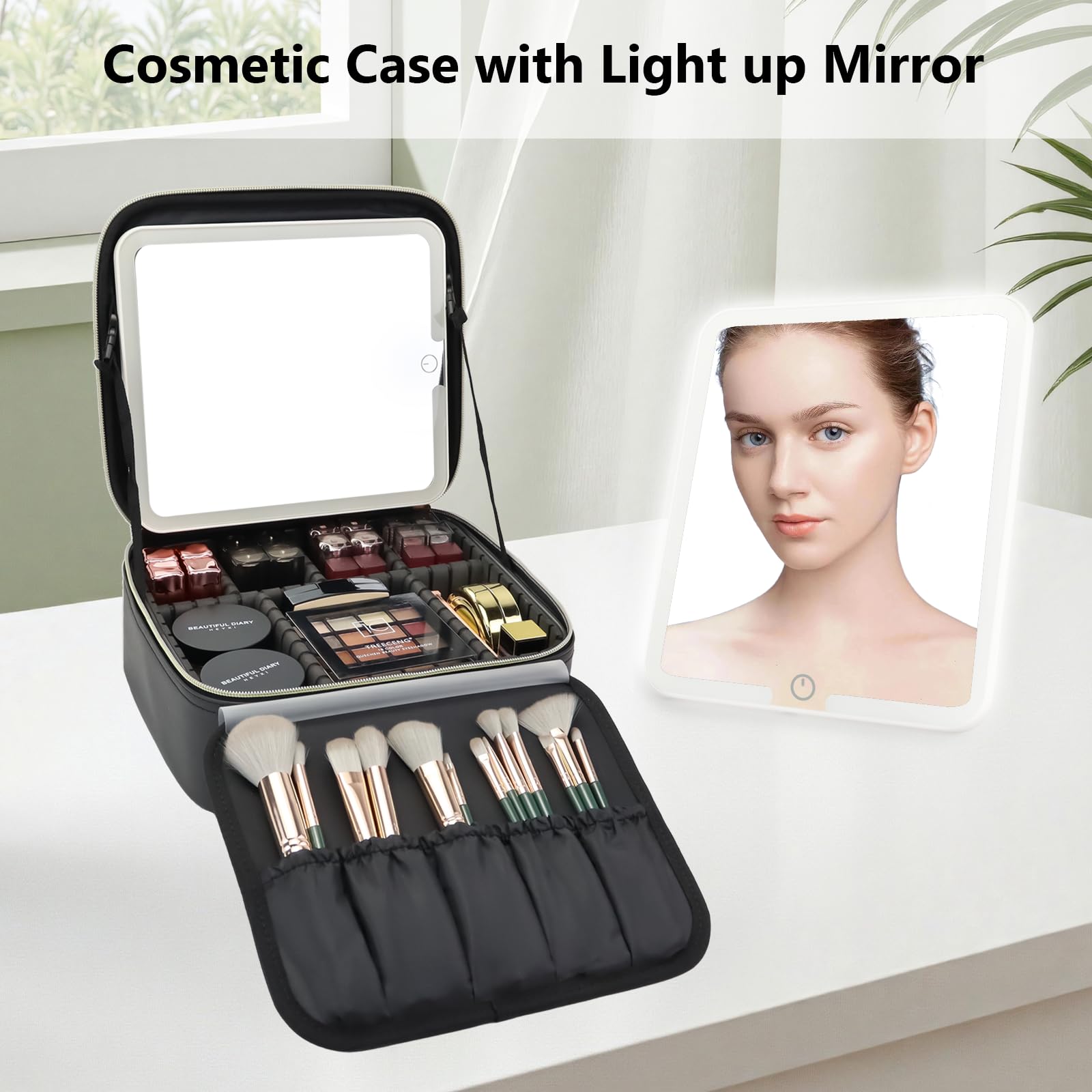 Make-up-Tasche mit LED-Spiegel, Reise-Make-up-Organizer mit 3 beleuchteten Einstellungen, verstellbaren Trennwänden und Make-up-Pinsel-Aufbewahrung, Schwarz, Die große Reise-Make-up-Tasche mit