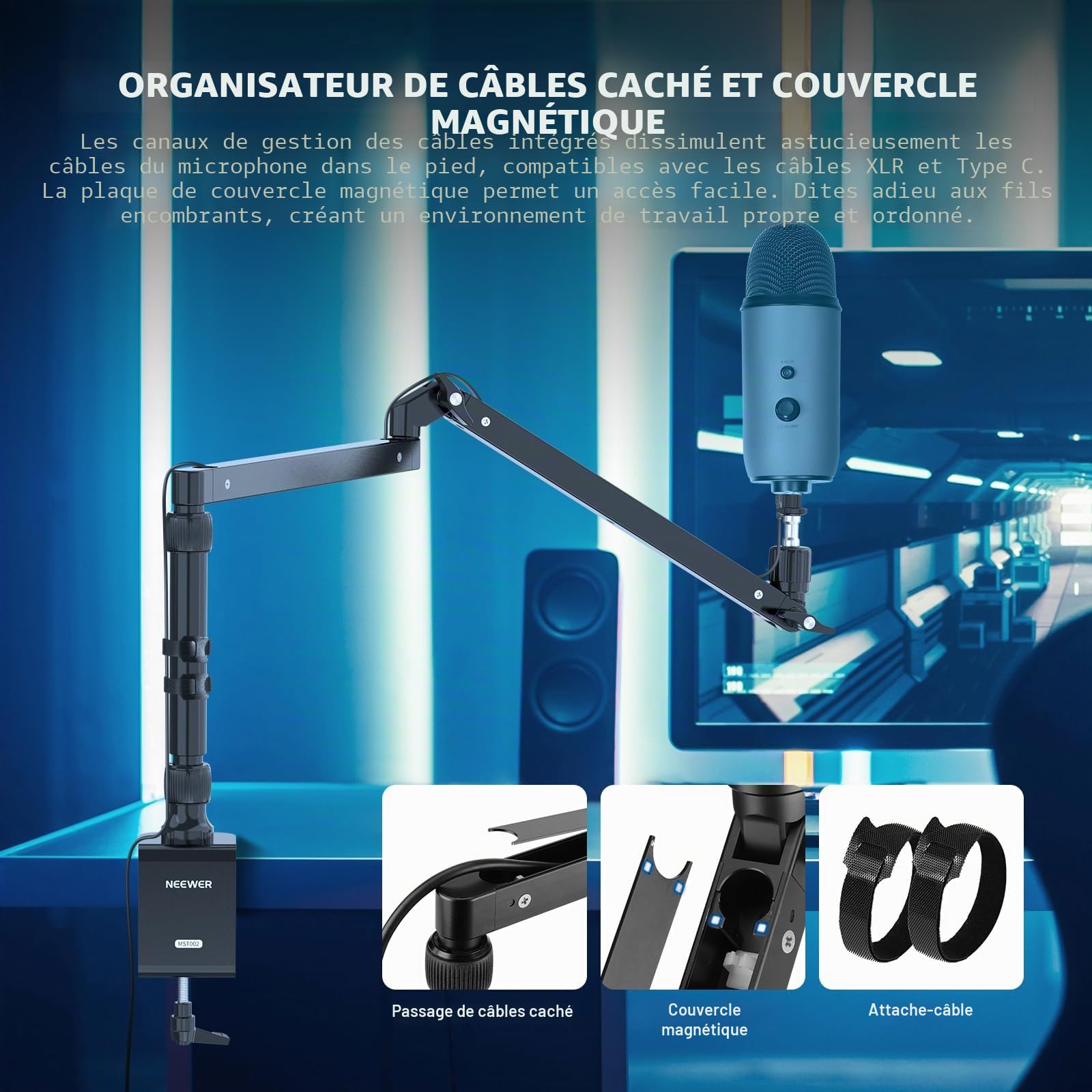 NEEWER MST002 Support de bureau à profil bas avec amortissement, bras articulés pivotants à 360 ° avec poteau de hauteur et canaux de gestion des câbles pour microphone, baladodiffusion