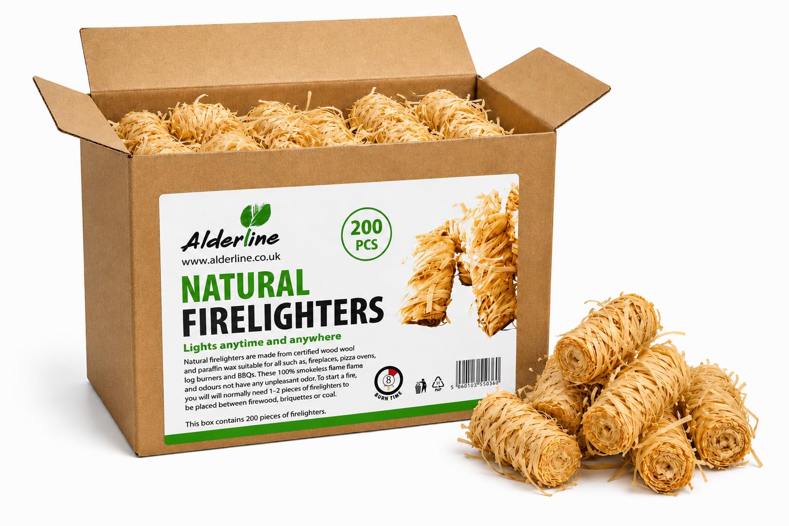 Alderline Natural Firelighters 200 Box – Sustainable Wood Wool Fire Starters With Wax, Smokeless Odourless Eco Firelighters For Wood Burners, Fireplaces, Bbq, Charcoal, Pizza Oven & Fire Pits