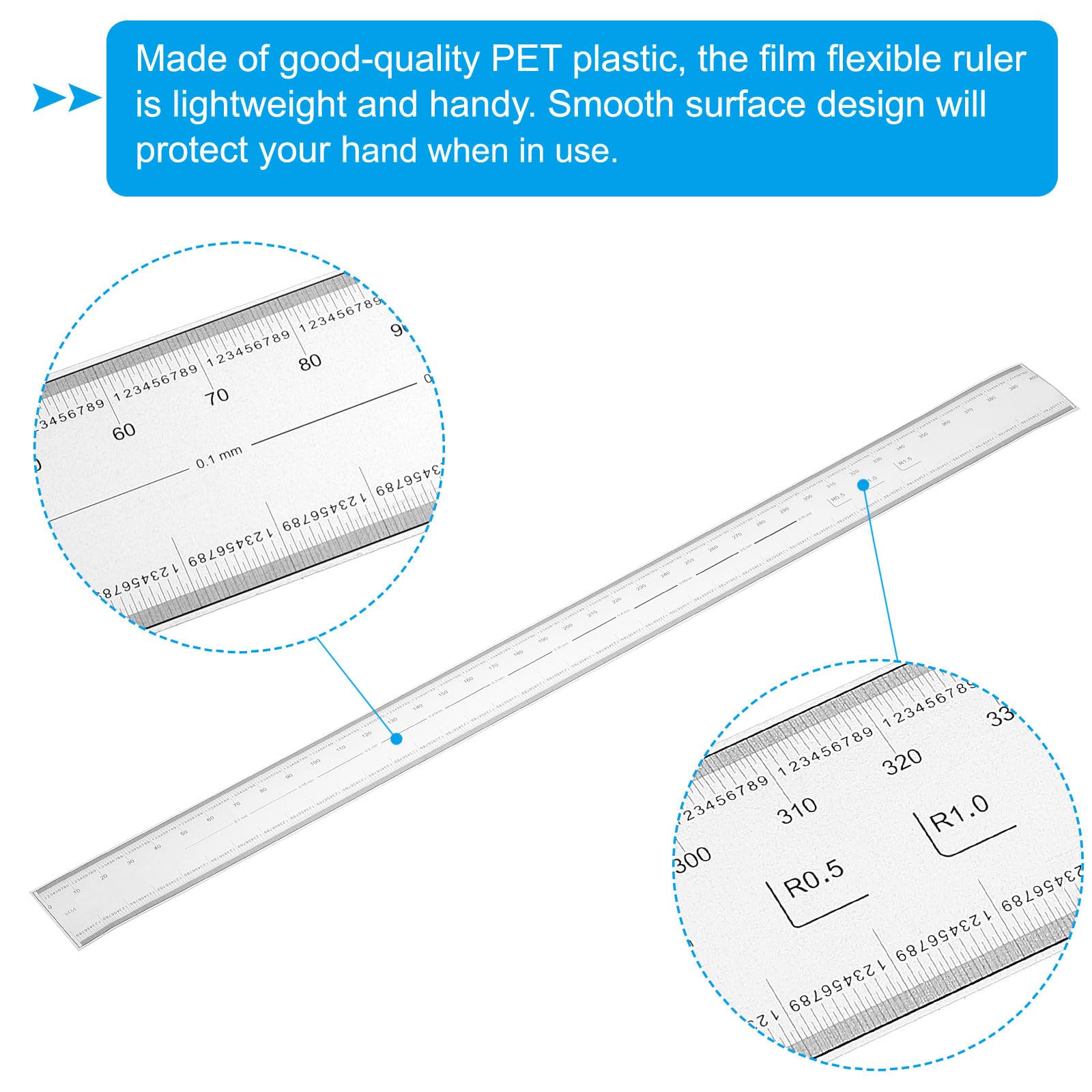 PATIKIL Film Flexible Ruler 40cm 0.1mm Scale with R Angle and Width Lines Clear PET Plastic Folding Straight Ruler for Factory Transparent - Image 3