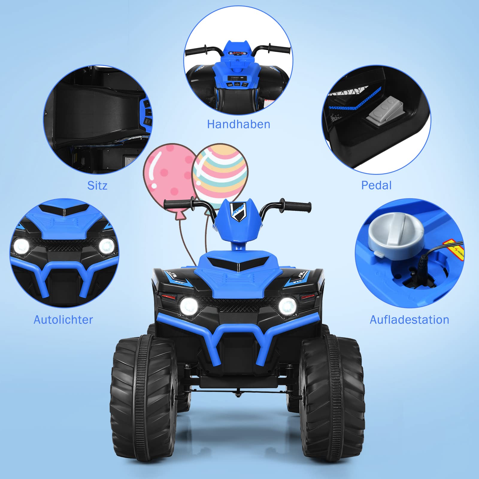 GOPLUS 12V Kinder Elektroquad, Batteriebetriebenes Auto mit LED-Scheinwerfern, Musik, Hupe, USB, Bluetooth, Radio, Langsamer Start, Hohe/Niedrige Geschwindigkeit, Quad Motorrad (Blau)