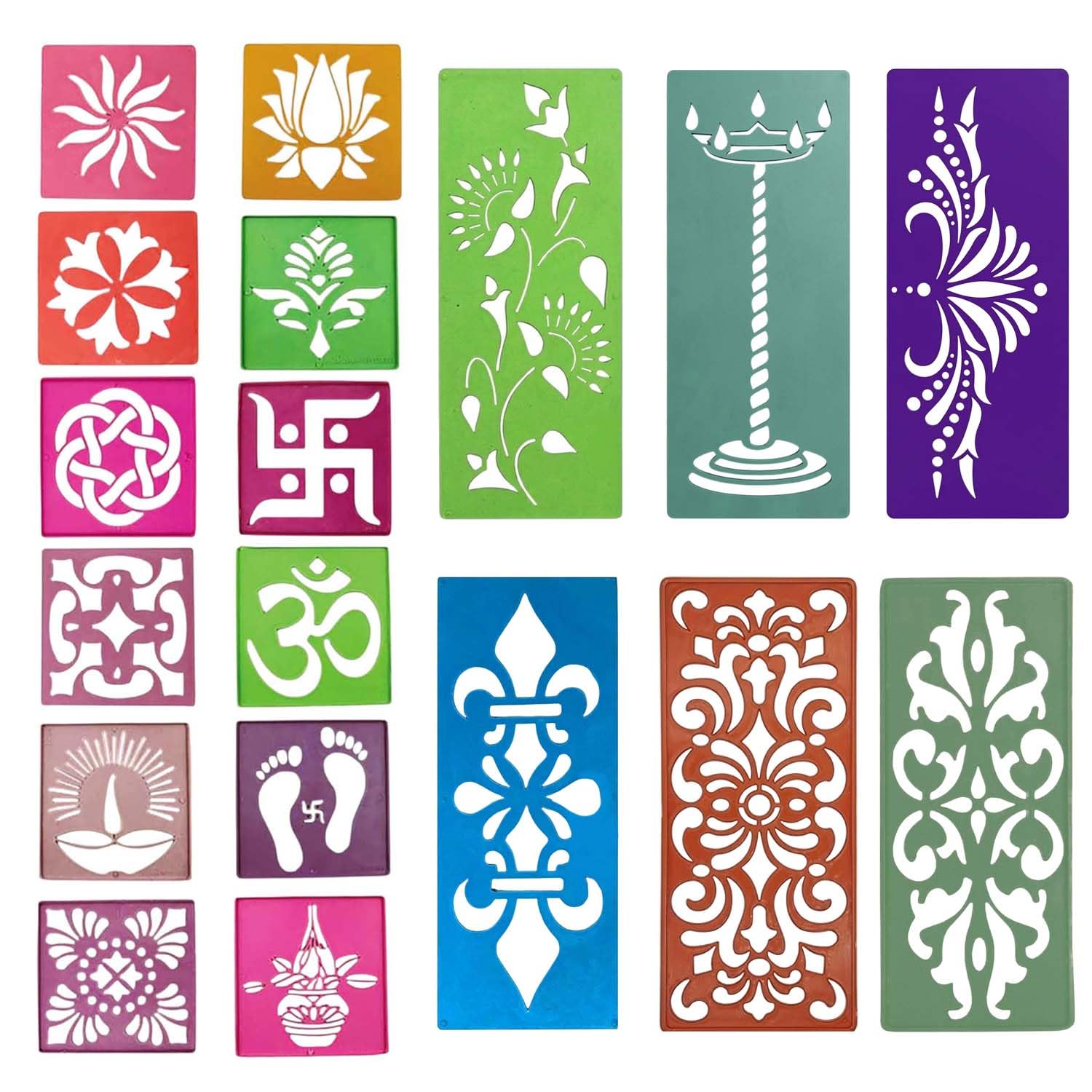 Ascension 12 Different Design Draw Rangoli Making Kit Rangoli Stamp Om Swastik Flower Design Colourful Rangoli Making Stencils & 6 Border Stencils-picture-24