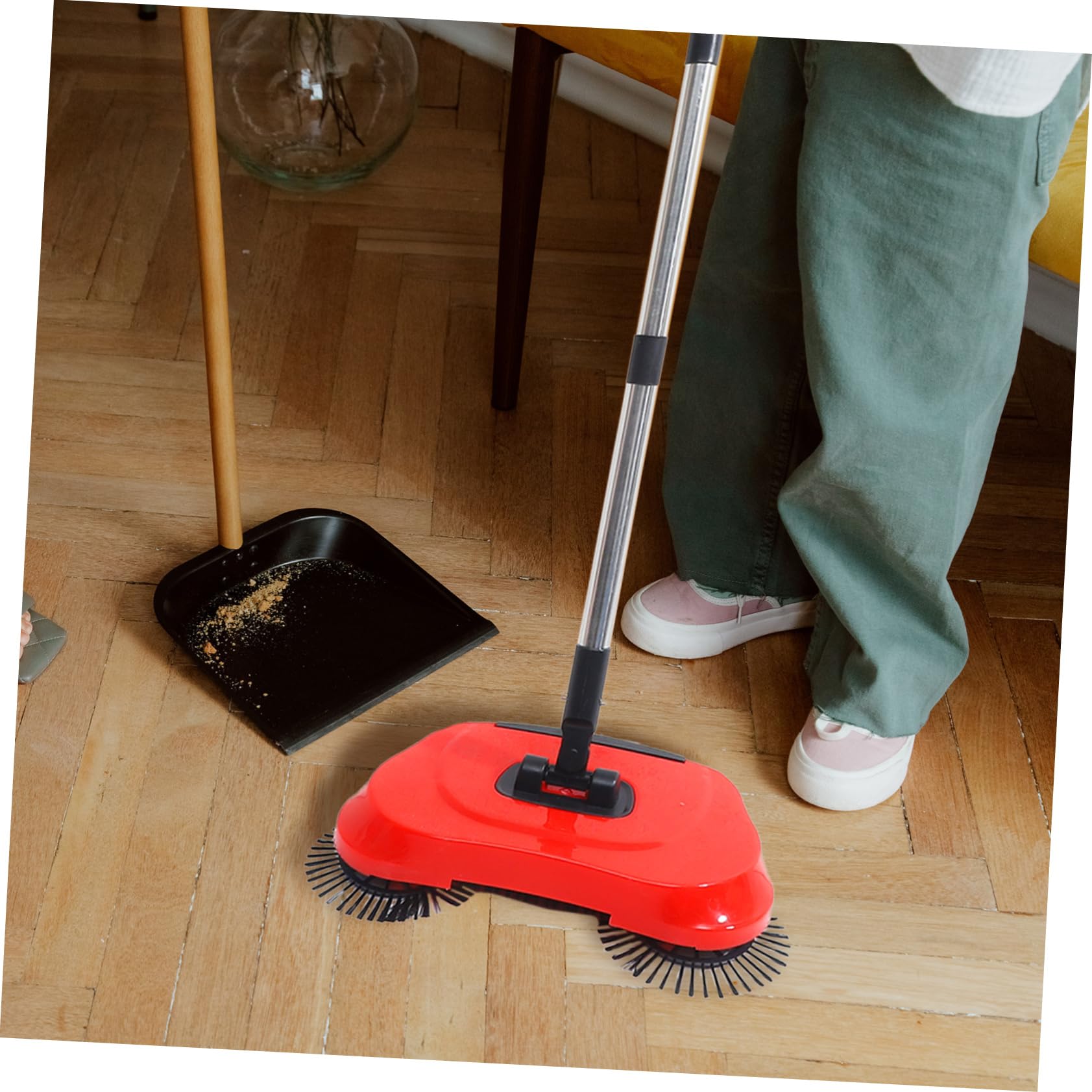 Handgeführte 3-in-1 Bodenkehrmaschine mit Besen und Kehrschaufel aus Abs und Edelstahl für Marmor und Holzböden 360° Drehung und Verstellbarer Griff für Einfache Reinigung