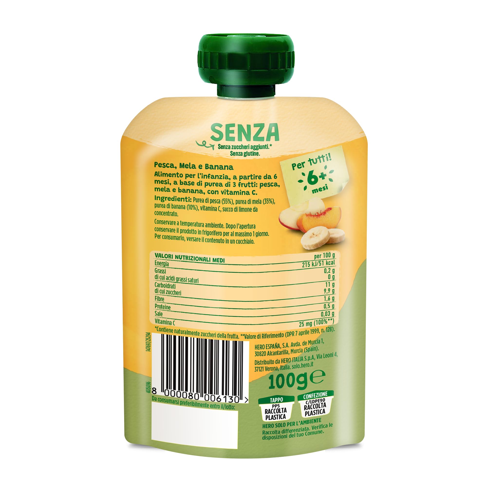 Hero Solo Pouch Frutta Pesca, Mela e Banana con Vitamina C – Senza zuccheri aggiunti, Senza glutine - Per bambini dai 6 mesi - 18 x 100 g