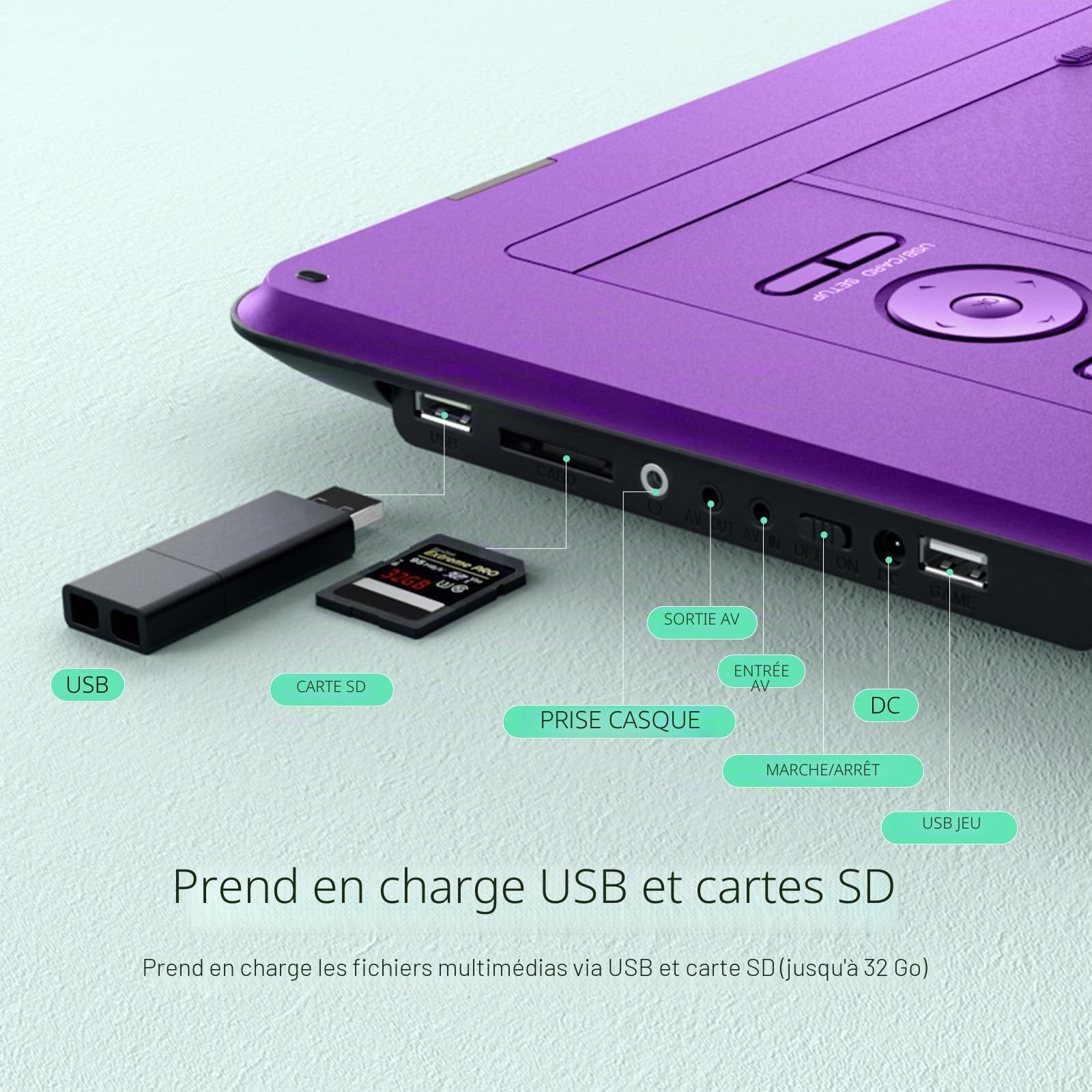 Yoton Lecteur DVD Portable 17,5" Écran Pivotant HD 15,6" Autonomie 6 Heures Batterie Intégrée Haut-parleurs Stéréo USB Carte SD