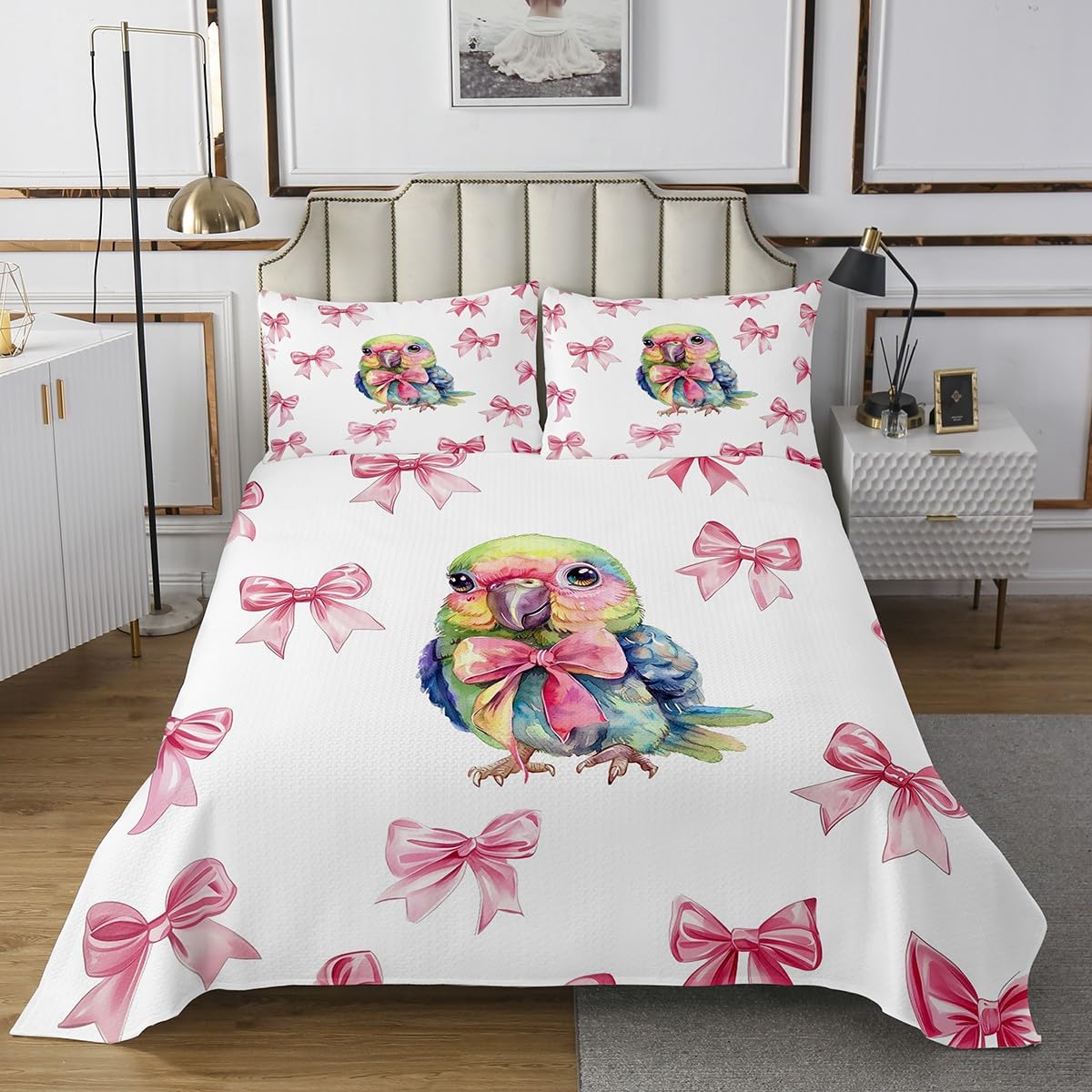 Erosebridal Bowknot Parrot Coverlet Set for Kids Teen Women,Pink Dreamy Princess Bow Girls Queen Bedspread Set Cute Kawaii Bow Quilt Sets Green Cartoon Animal Bedding Sets