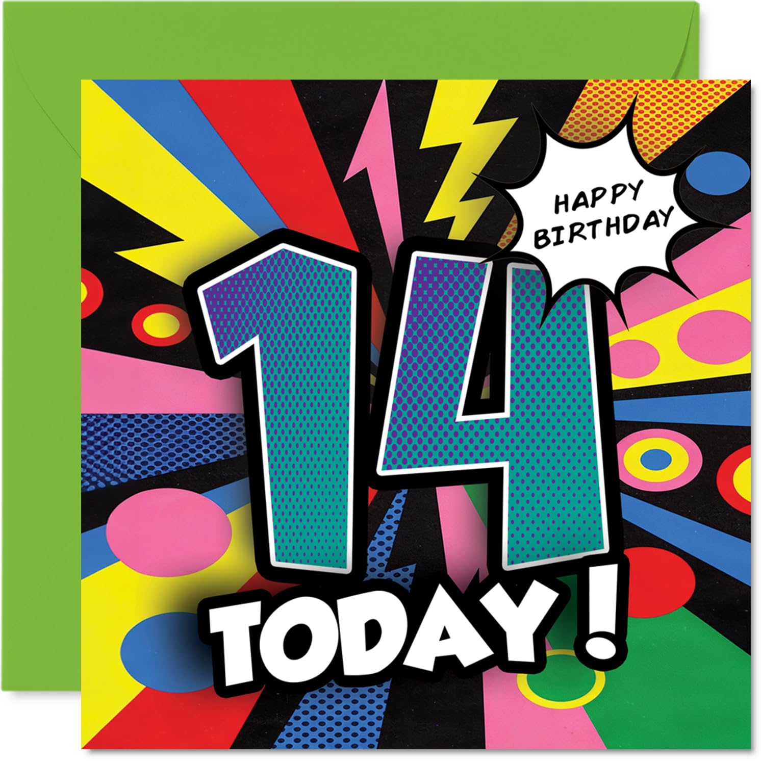 Celebratory 14th Birthday Card - Bursting with Birthday Cheer - Vibrant Multicolour Design with Bold '14 Today!' Graphics - 145mm Square, Envelope Included