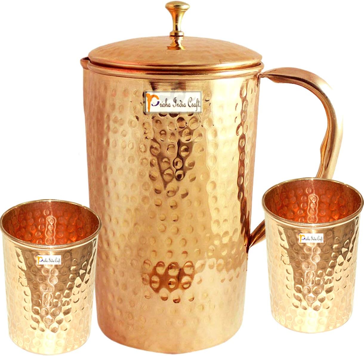 Prisha India Craft Pure Copper Hammered Jug Pitcher with Lid Capacity 1650 ML with 2 Pure Copper Hammered Glass Tumbler Capacity 250 ML Drinkware Set