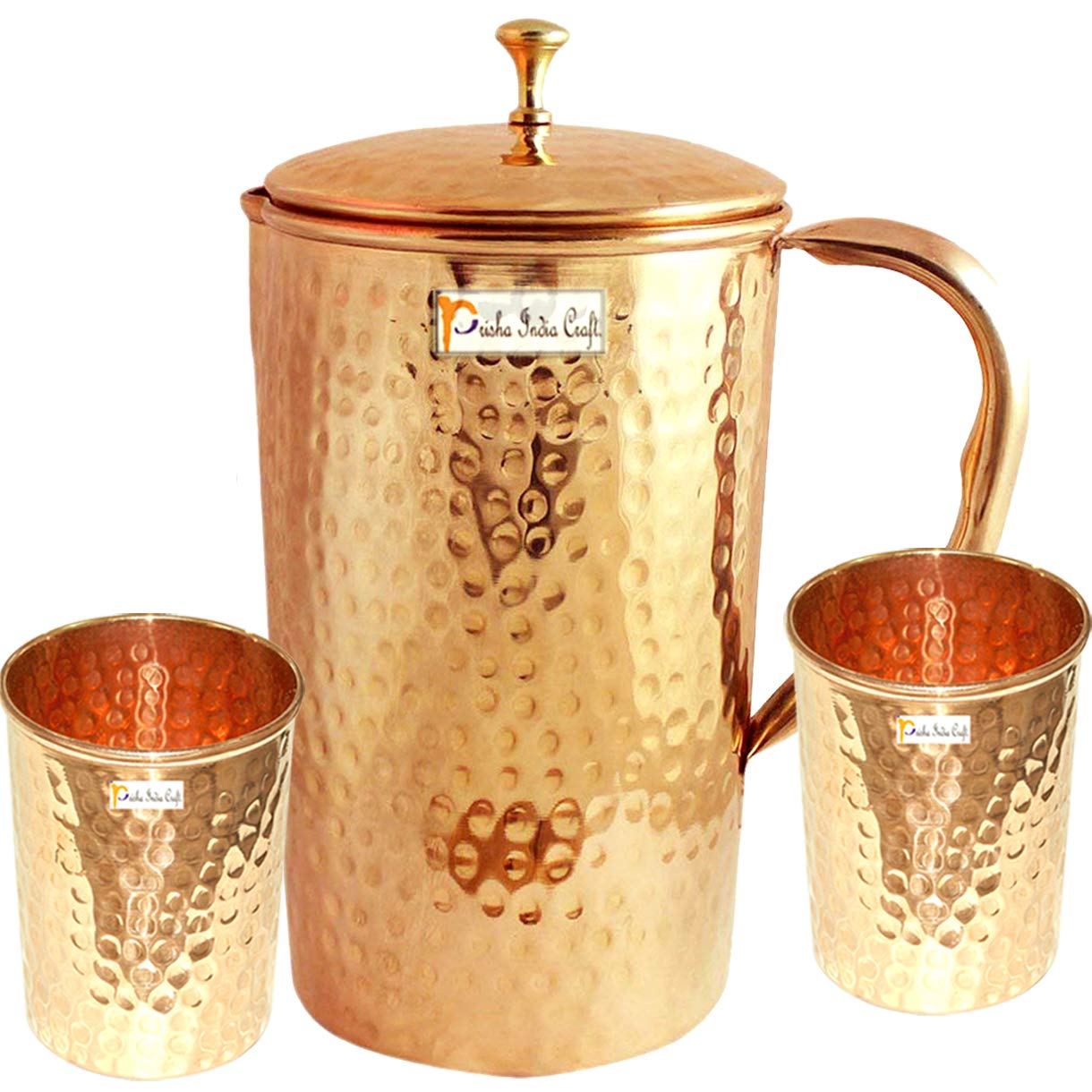Prisha India Craft Pure Copper Hammered Jug Pitcher with Lid Capacity 1650 ML with 2 Pure Copper Hammered Glass Tumbler Capacity 250 ML Drinkware Set
