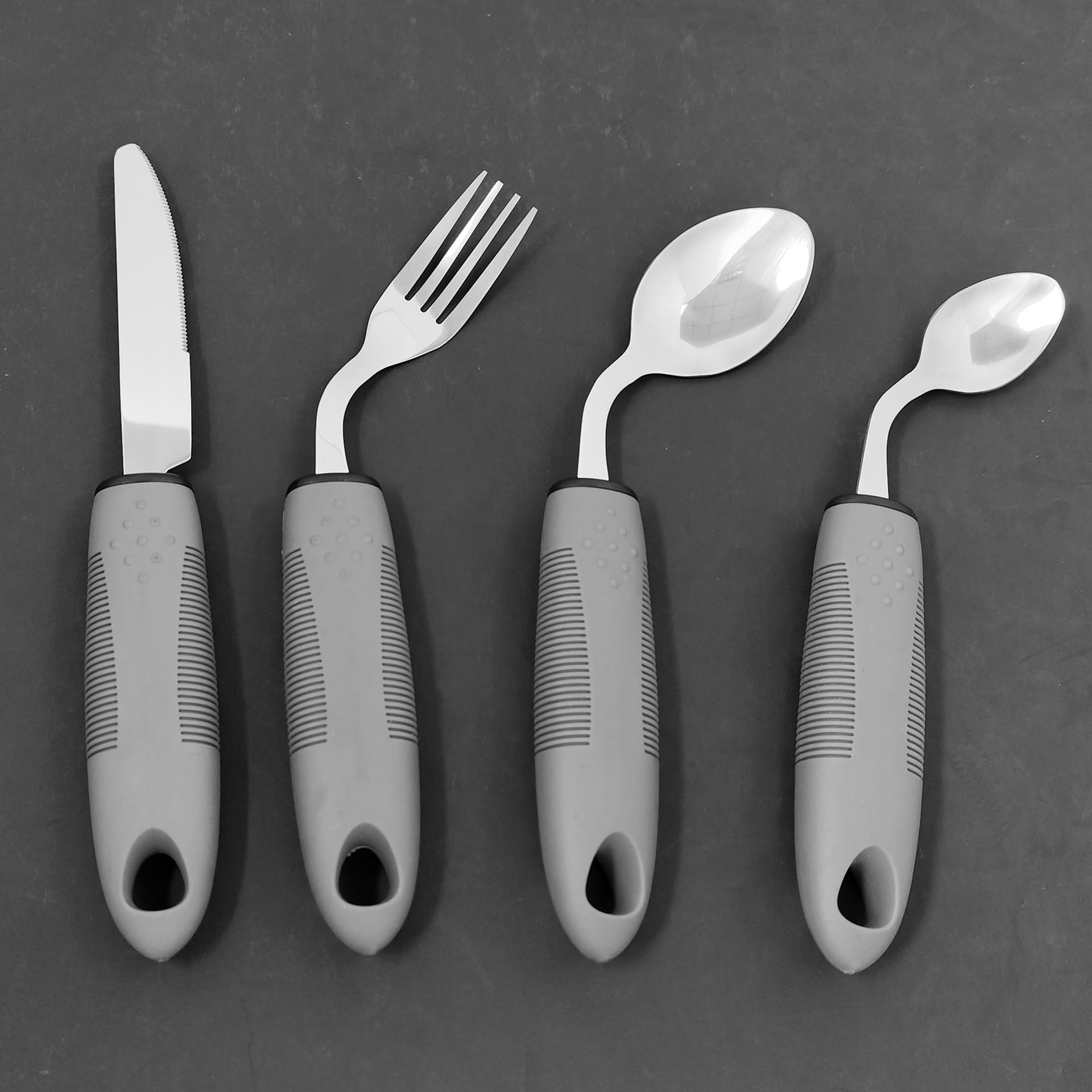 4-częściowy zestaw sztućców Parkinsona, adaptacyjny zestaw sztućców, zapobiegające wstrząsom, 42° zakrzywiony widelec i łyżka, ważone sztućce dla osób niepełnosprawnych, pacjentów z chorobą Parkinsona