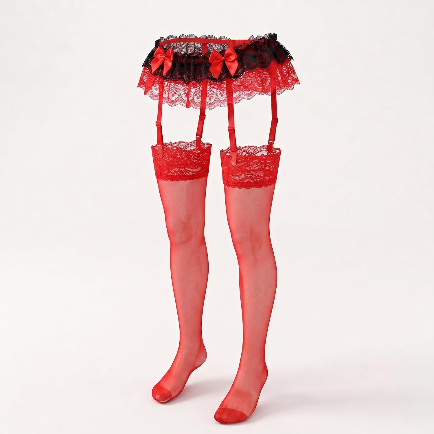 WDG Crossdressing Apparel Male to Female Sheer Lace Sissy Dress Lingerie & Plus Size Shiny Thigh High Stockings Outfit