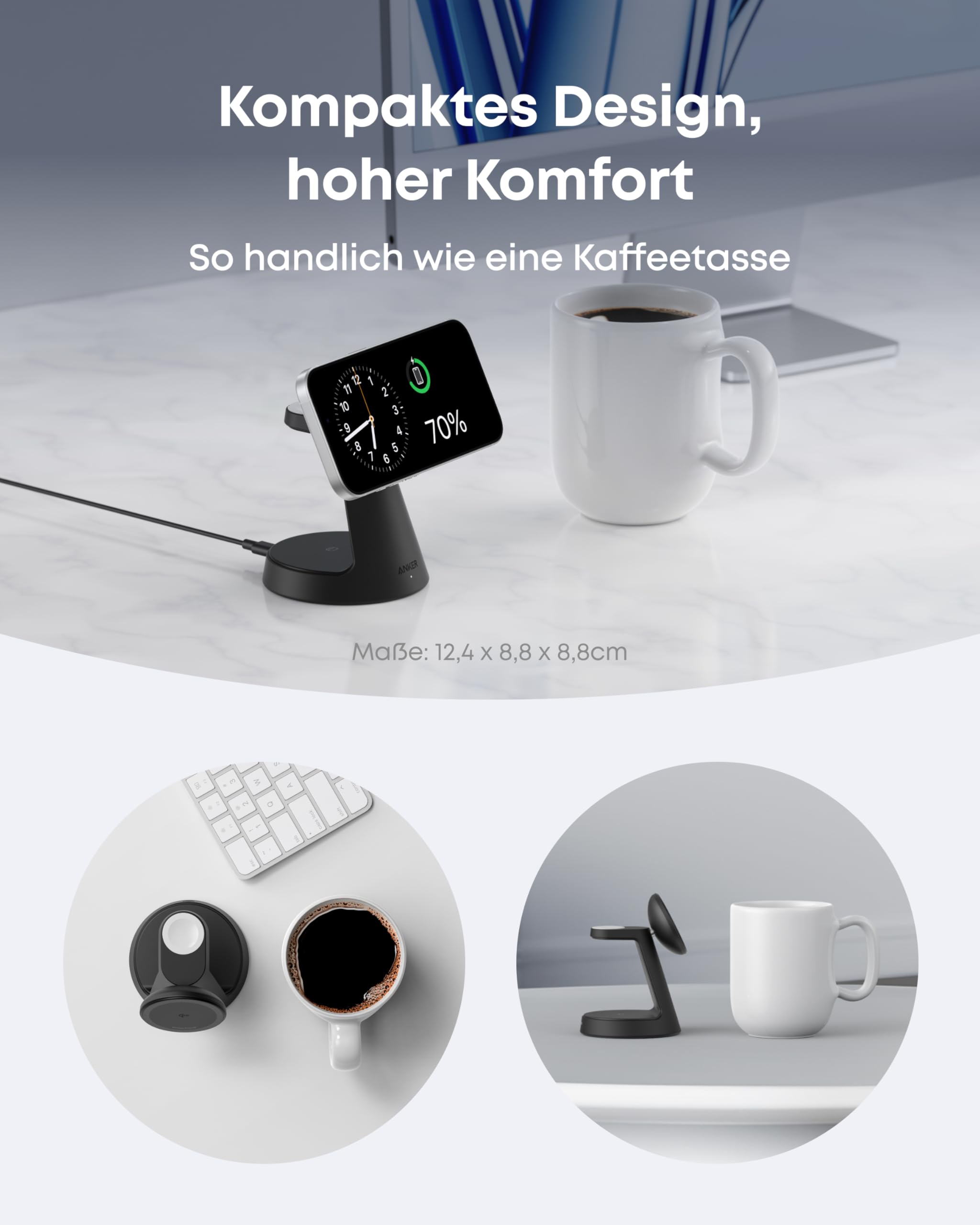 Anker MagGo 3-in-1 15W MagSafe kompatibles Ladegerät, iPhone Induktive Ladestation, Qi2-zertifiziert Wireless Charger für iPhone 17/16/15/14/13/12, Apple Watch, AirPods Pro und mehr (Adapter inkl.)