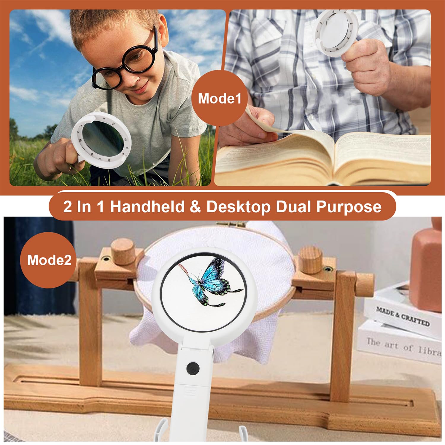 Rongon Foldable Magnifying Glass with Light and Stand 5X 11X Illuminated Handheld Magnifier Lighted Folding Magnifier for Reading Inspection Jewelry Stamp