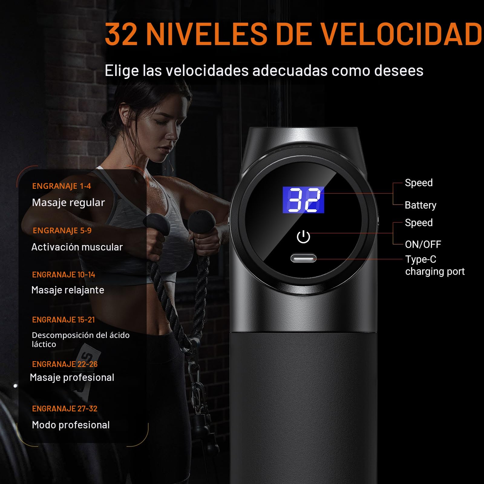 Pistola de Masaje Muscular, Masajeador de Muscular de Tejido Profundo con 32 Velocidades, 8 Cabezales de Masaje Pistola Masajeadora para Aliviar el Dolor Muscular